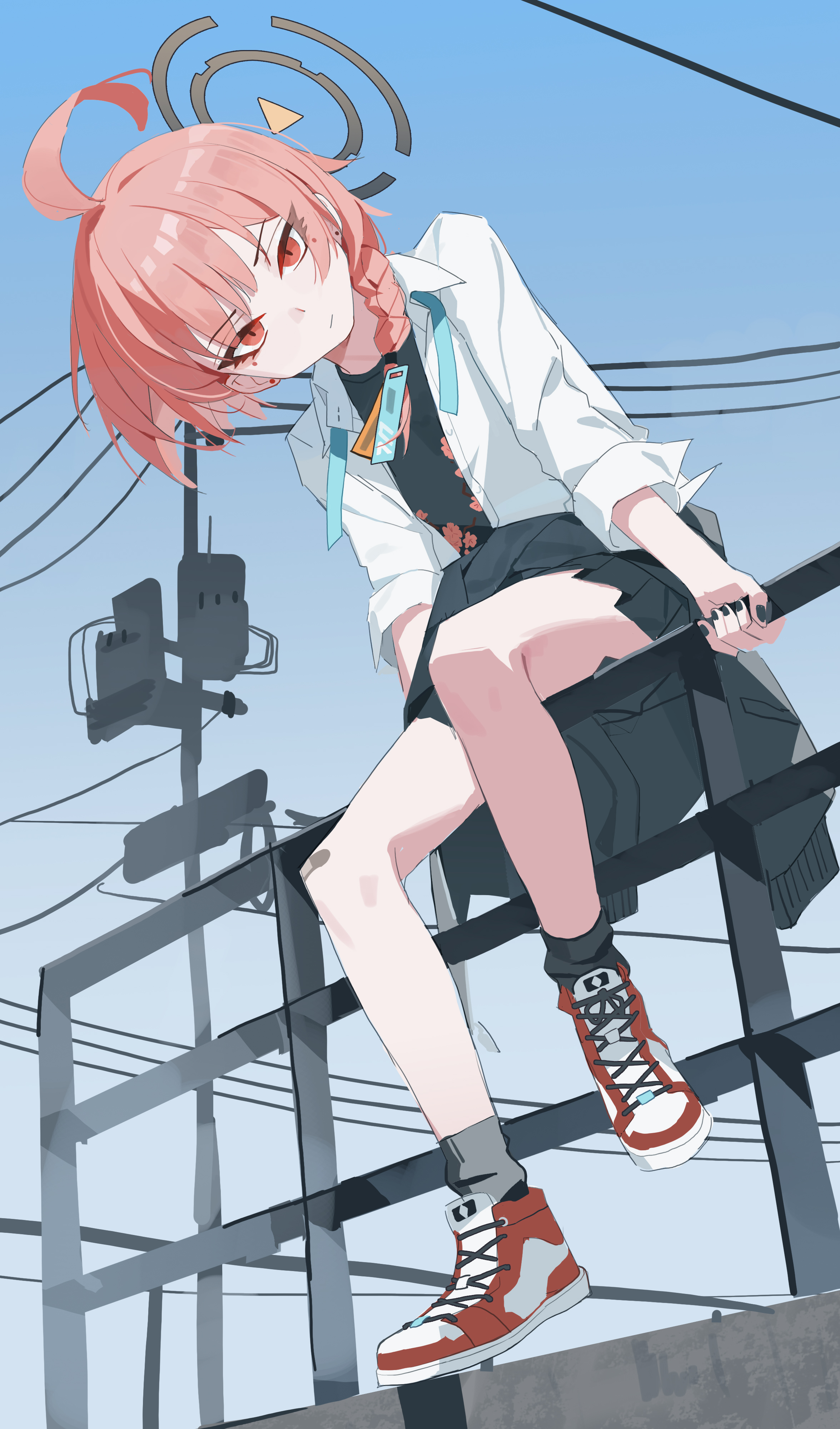 fanshuimucishen, neru (blue archive), neru (school uniform) (blue archive), blue archive, absurdres, chinese commentary, commentary, highres, 1girl, ahoge, aqua ribbon, bandaid, bandaid on knee, bandaid on leg, black cardigan, black halo, black nails, black shirt, black skirt, black socks, blue sky, braid, cardigan, cardigan around waist, closed mouth, clothes around waist, collared shirt, dress shirt, earrings, eyes visible through hair, fingernails, floral print, floral print shirt, full body, halo, hand on railing, id card, jewelry, long sleeves, looking at viewer, millennium science school logo, mole, mole under each eye, mole under eye, multiple moles, nail polish, neck ribbon, on railing, open clothes, open shirt, orange hair, outdoors, pleated skirt, print shirt, railing, red eyes, red shoes, ribbon, shirt, shoes, single braid, sitting, skirt, sky, sneakers, socks, solo, stud earrings, unbuttoned, unbuttoned shirt, undone neck ribbon, utility pole, white shirt