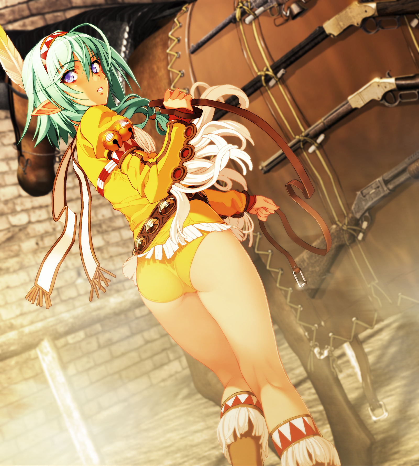 nishii (damnedrive), alfie, nitroplus, zoku satsuriku no django, highres, non-web source, photoshop (medium), 1girl, ahoge, ass, bell, belt, blurry, boots, brown boots, carbine, colt buntline, cowboy western, depth of field, dutch angle, elf, feathers, feet out of frame, female focus, fringe trim, green hair, gun, hairband, handgun, headdress, henry model 1860, horse, jingle bell, kneepits, legs, lever-action rifle, lever action, long hair, long sleeves, looking at viewer, looking back, native american, native american headdress, parted lips, pointy ears, pump action, purple eyes, revolver, rifle, scarf, shotgun, solo, standing, tan, weapon, winchester, winchester model 1866, winchester model 1897, winchester rifle