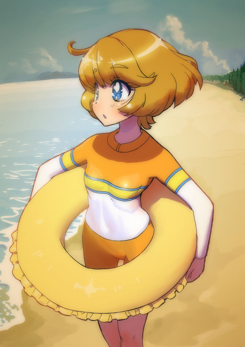 ei (eikun), ichinose minori, precure, tropical-rouge! precure, 1girl, :o, beach, blue eyes, blue sky, blush, brown hair, buoy, cloud, long sleeves, looking to the side, ocean, open mouth, short hair, skin tight, sky, solo, thick eyebrows, very short hair