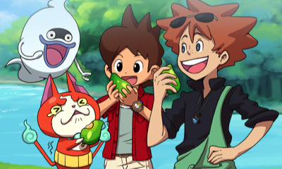 amano keita, jibanyan, mac (youkai watch), whisper (youkai watch), youkai watch, lowres, non-web source, official art, 4boys, black shirt, eating, food, fruit, holding, holding food, jewelry, mango, multiple boys, overalls, river, shirt, watch, wristwatch