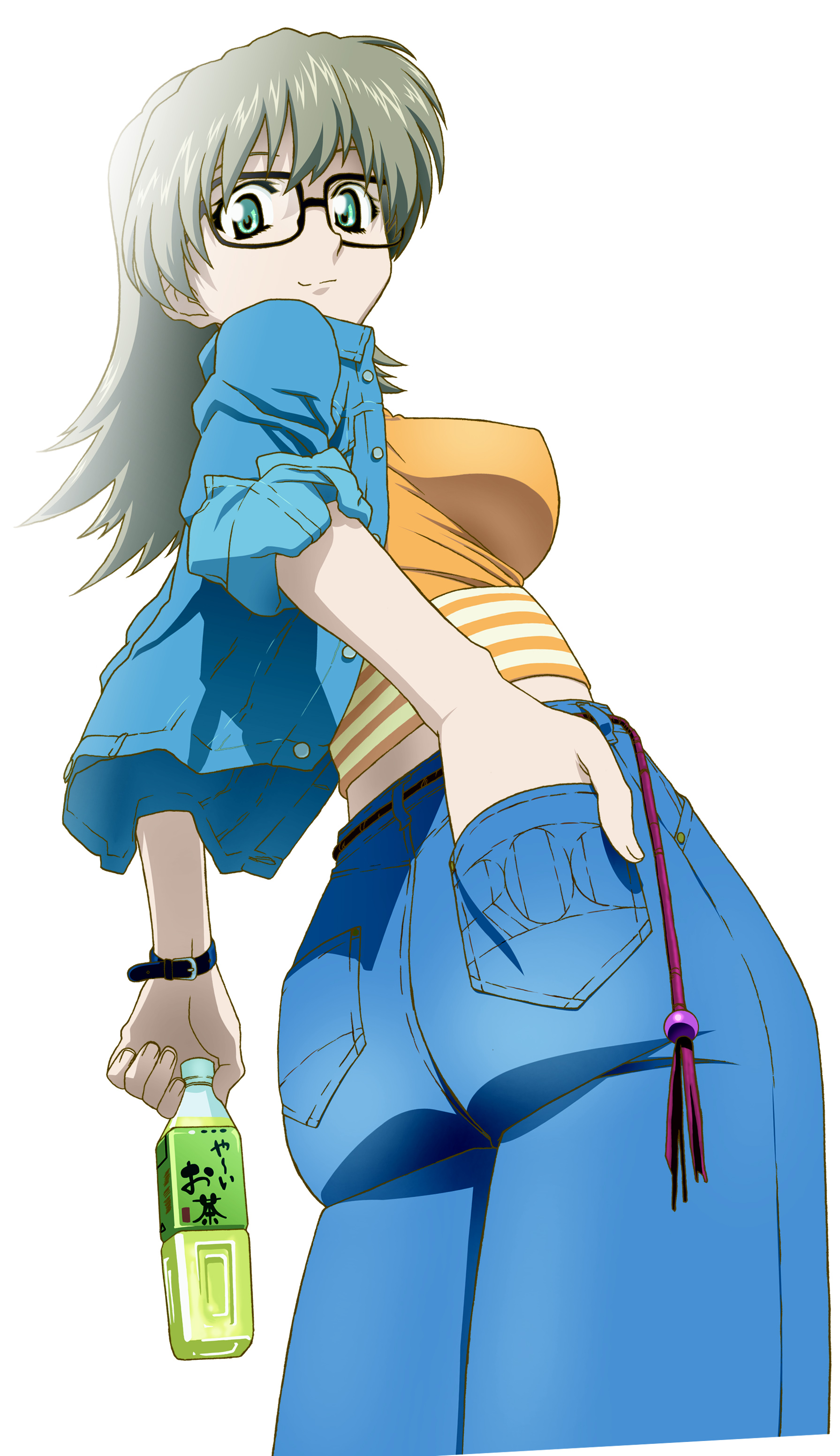 ishihama masashi, sumiregawa nenene, r.o.d the tv, read or die, absurdres, highres, non-web source, official art, 00s, 1girl, aqua eyes, ass, back, bottle, breasts, covered erect nipples, denim, denim jacket, drink, female focus, from behind, glasses, green tea, grey hair, jacket, jeans, large breasts, long hair, looking back, midriff, open clothes, open jacket, orange shirt, pants, shirt, simple background, sleeves rolled up, smile, solo, standing, striped clothes, striped shirt, tea, watch, wristwatch