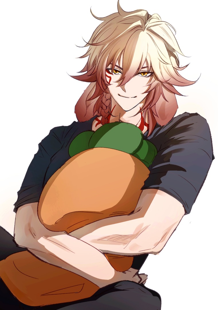mydei (honkai: star rail), honkai: star rail, honkai (series), commentary, english commentary, 1boy, black pants, black shirt, blonde hair, gradient hair, looking at viewer, male focus, medium hair, multicolored hair, pants, red hair, shirt, short sleeves, simple background, solo, stuffed toy, tofuyafuu9, white background, yellow eyes