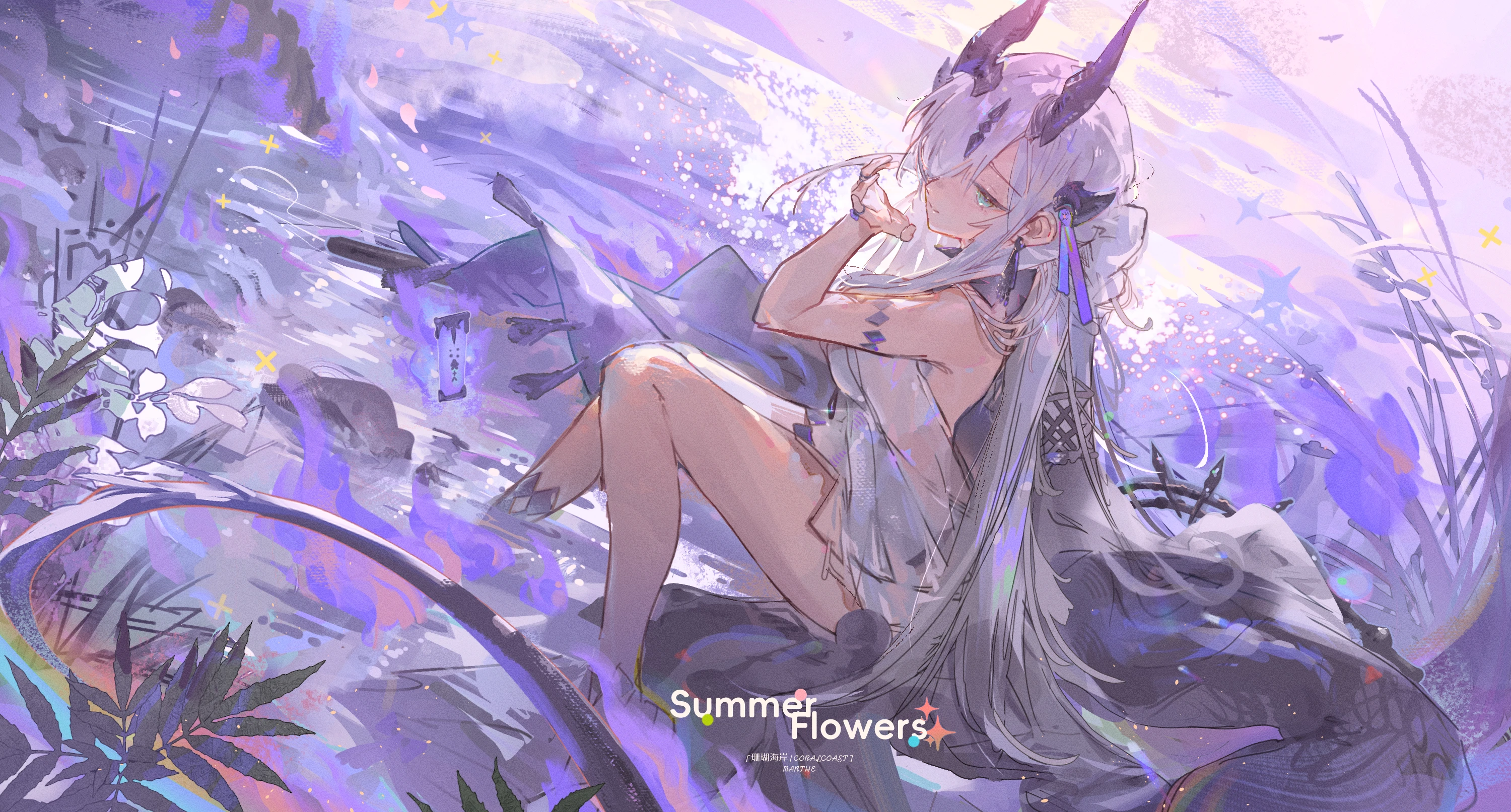 laoshi wo hao e, qtian, yaungpeng, zombie ke, necrass (arknights), arknights, artist collaboration, bad link, chinese commentary, commentary request, highres, making-of available, 1girl, aqua eyes, art relay, dragon horns, dragon tail, earrings, grey hair, hair over one eye, horns, jewelry, long hair, outdoors, ring, sitting, solo, tail, very long hair