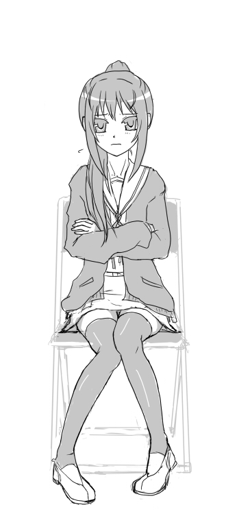 kyon, kyonko, suzumiya haruhi no yuuutsu, gender request, non-web source, 00s, 1girl, chair, crossed arms, female focus, full body, genderswap, greyscale, monochrome, ponytail, school uniform, serafuku, simple background, sitting, solo, thighhighs, zettai ryouiki