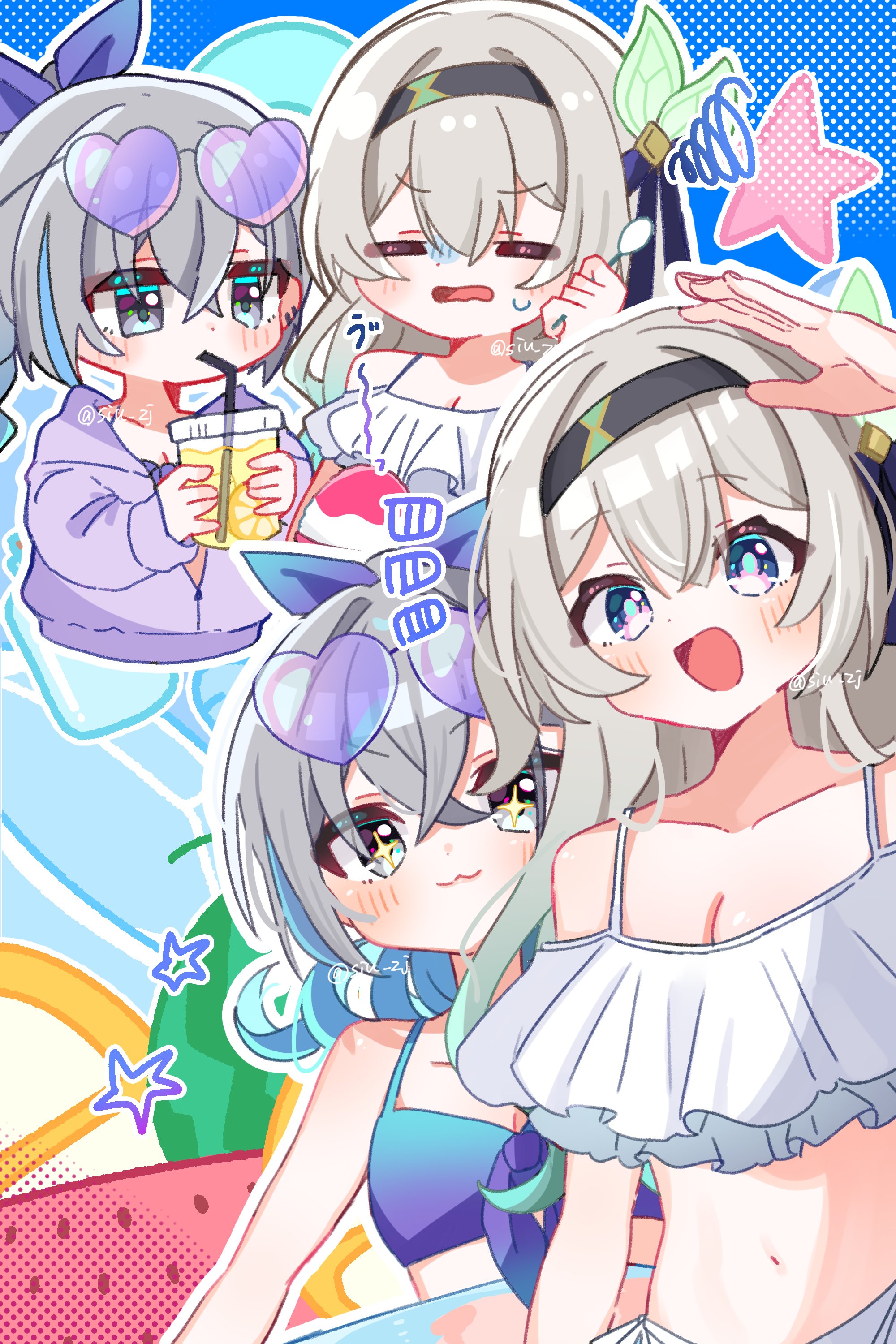 siu zj, firefly (honkai: star rail), silver wolf (honkai: star rail), honkai: star rail, honkai (series), absurdres, highres, 2girls, :3, belly, bikini, black hairband, blue ribbon, blush, breasts, cleavage, cup, drinking straw, eyewear on head, food, frilled bikini, frills, fruit, green pupils, grey hair, hair between eyes, hair intakes, hair ornament, hair ribbon, hairband, heart, heart-shaped eyewear, holding, holding cup, medium breasts, multicolored eyes, multiple girls, navel, open mouth, ribbon, smile, squiggle, sweatdrop, swimsuit, twitter username, watermelon, watermelon slice, white bikini