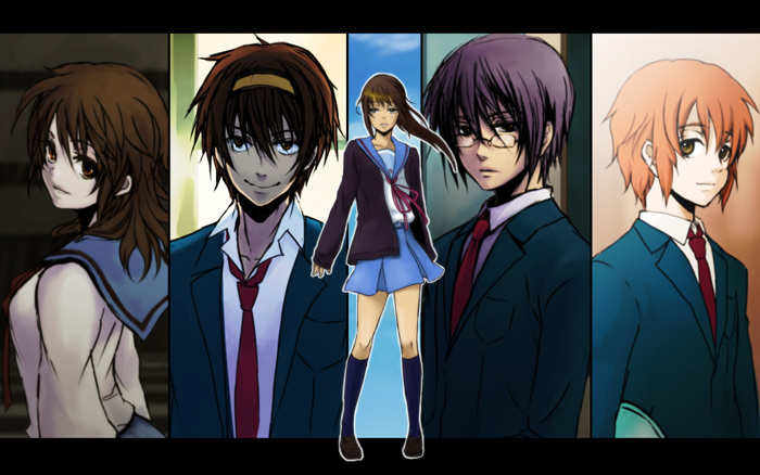 asahina mikuru, asahina mitsuru, koizumi itsuki, koizumi itsuki (female), kyon, kyonko, nagato yuki, nagato yuuki, suzumiya haruhi, suzumiya haruhiko, suzumiya haruhi no yuuutsu, non-web source, 00s, 2girls, 3boys, black eyes, brown eyes, brown hair, cardigan, column lineup, genderswap, genderswap (ftm), genderswap (mtf), glasses, hairband, kneehighs, letterboxed, loafers, long hair, long sleeves, looking at viewer, multiple boys, multiple girls, necktie, orange hair, ponytail, projected inset, purple hair, school uniform, serafuku, shirt, shoes, sky, smile, socks, upper body