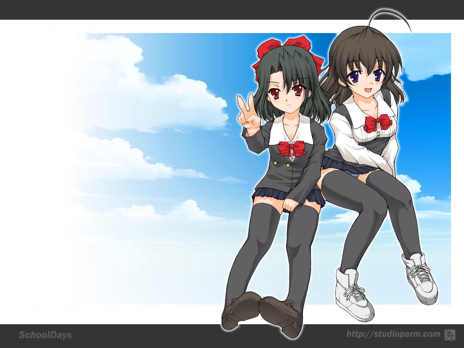 kotobuki utage, kiyoura setsuna, saionji sekai, school days, highres, 00s, 2girls, multiple girls, red eyes, ribbon, school uniform, serafuku, skirt, sky, thighhighs, v