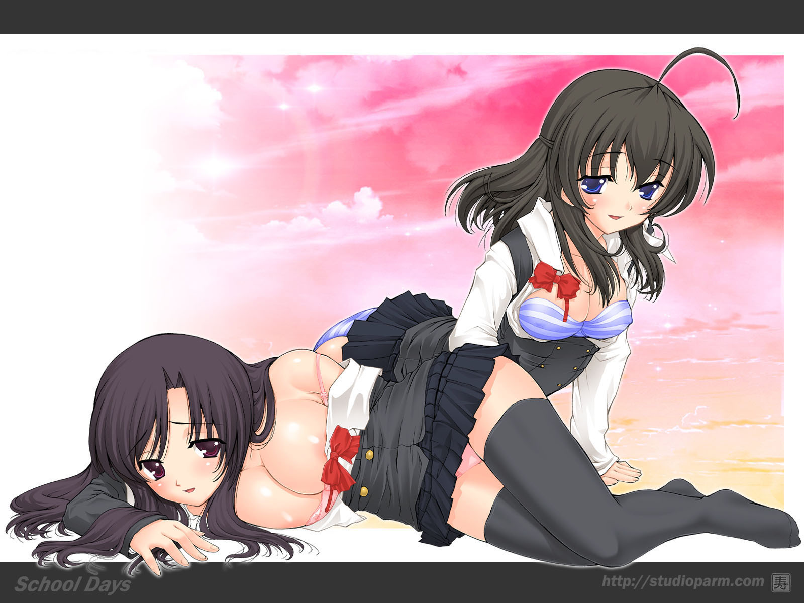 kotobuki utage, katsura kotonoha, saionji sekai, school days, highres, 00s, 2girls, blue eyes, bow, bra, breasts, cleavage, lingerie, long hair, multiple girls, panties, red bow, school uniform, serafuku, striped clothes, striped panties, thighhighs, underwear, undressing