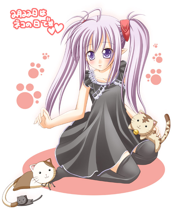 tsukuyo (artist), primula, shuffle!, 00s, cat, dress, long hair, purple eyes, solo, thighhighs, twintails