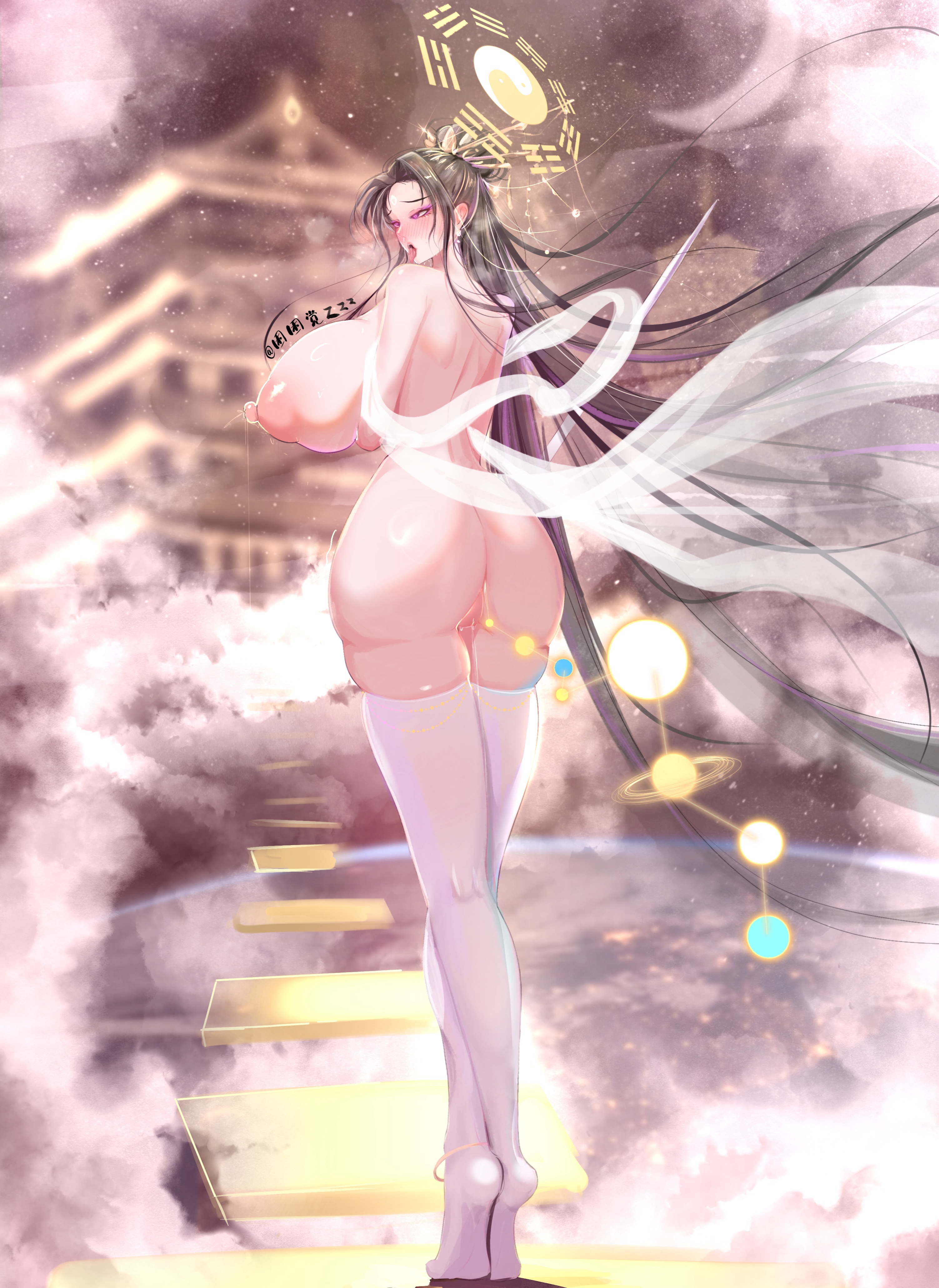 dogma zzzz, highres, 1girl, ass, black hair, blush, breasts, censored, from behind, full body, halo, huge breasts, long hair, looking at viewer, looking back, nipples, nude, open mouth, pussy, shawl, solo, thighhighs, tiptoes, very long hair, white thighhighs