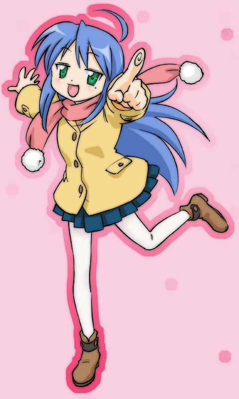 uraharukon, izumi konata, lucky star, 00s, 1girl, blue hair, female focus, green eyes, long hair, mole, mole under eye, pantyhose, pointing, scarf, solo