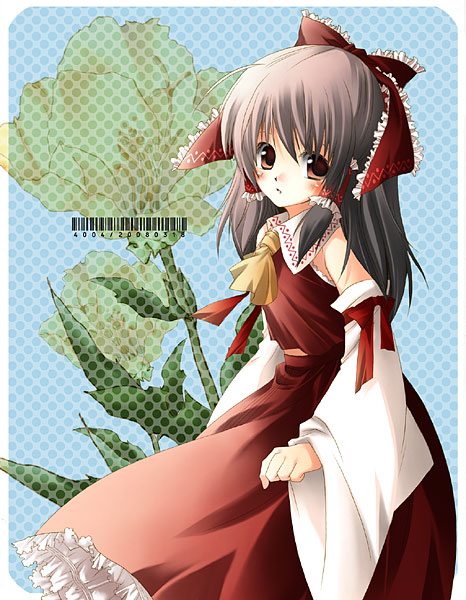 akiyama natsumi, hakurei reimu, touhou, bad id, bad pixiv id, 1girl, brown eyes, brown hair, detached sleeves, female focus, flower, hair tubes, japanese clothes, miko, rounded corners, solo