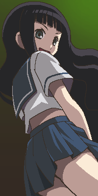 awa, itoshiki rin, sayonara zetsubou sensei, lowres, 00s, 1girl, ass, blue skirt, female focus, from behind, green eyes, jaggy lines, looking back, miniskirt, oekaki, school uniform, serafuku, skirt, solo, thighs, upskirt