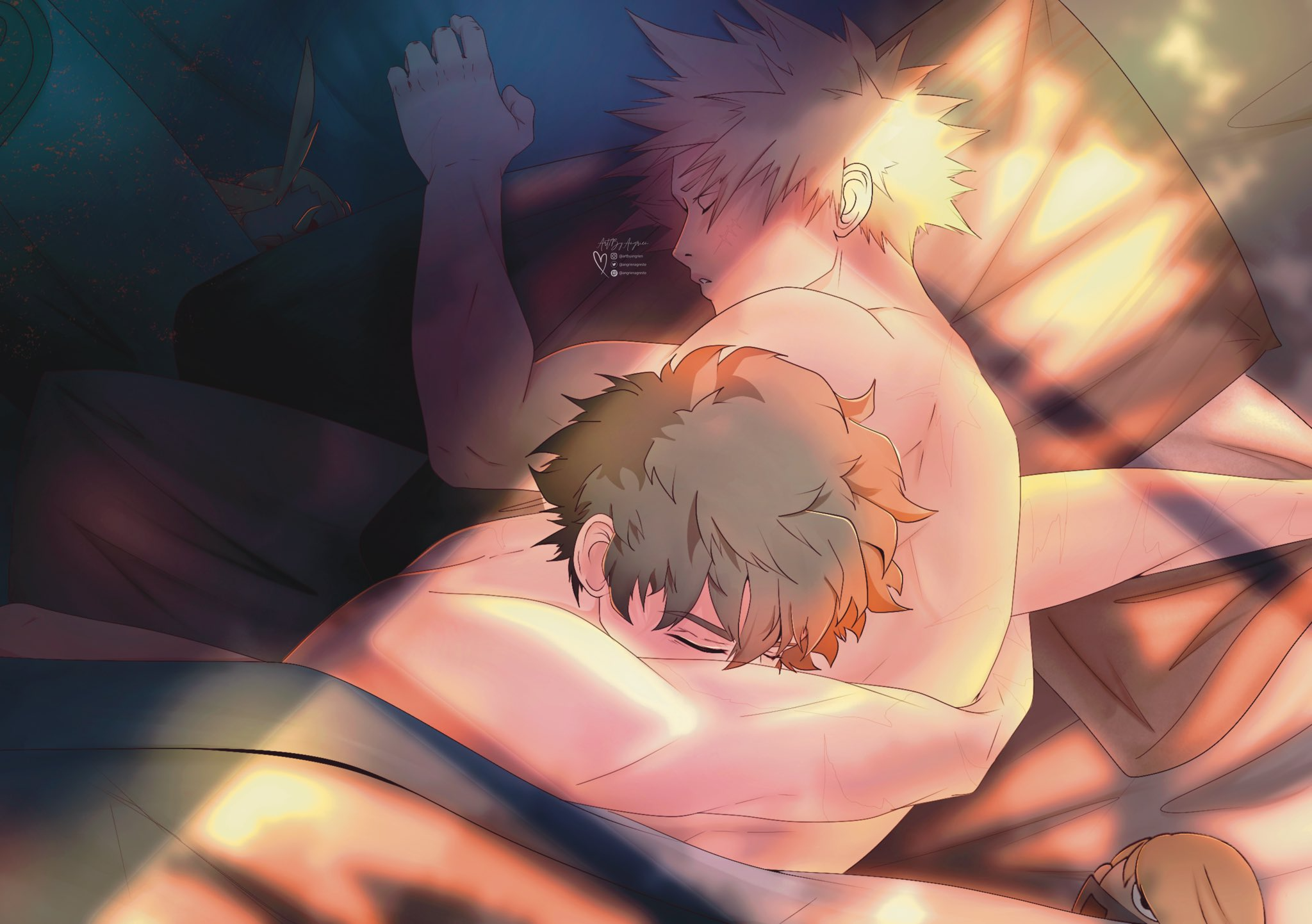 bakugou katsuki, midoriya izuku, boku no hero academia, aftersex, bakudeku, bed, blanket, blonde hair, green hair, hangrienagreste, hug, nude, on bed, pillow, scar, sleeping, sleping, yaoi