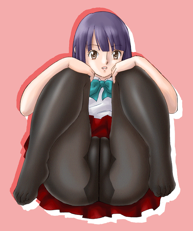 uraharukon, 1girl, ass, black pantyhose, bow, brown eyes, cameltoe, crotch, crotch seam, feet, lips, no panties, pantyhose, purple hair, pussy, school uniform, short hair, simple background, skirt, spread legs