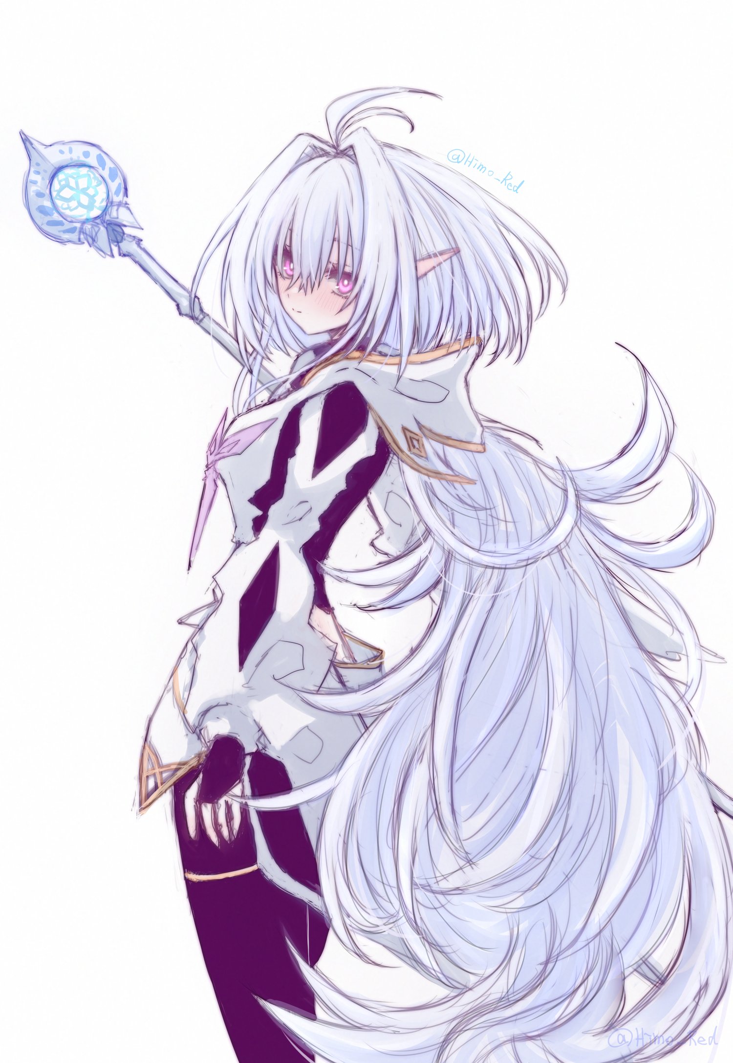 himo, merlin (fate/prototype), fate/prototype, fate (series), highres, black pantyhose, dress, holding, holding staff, long hair, looking at viewer, pantyhose, pink eyes, solo, staff, very long hair, white dress, white hair