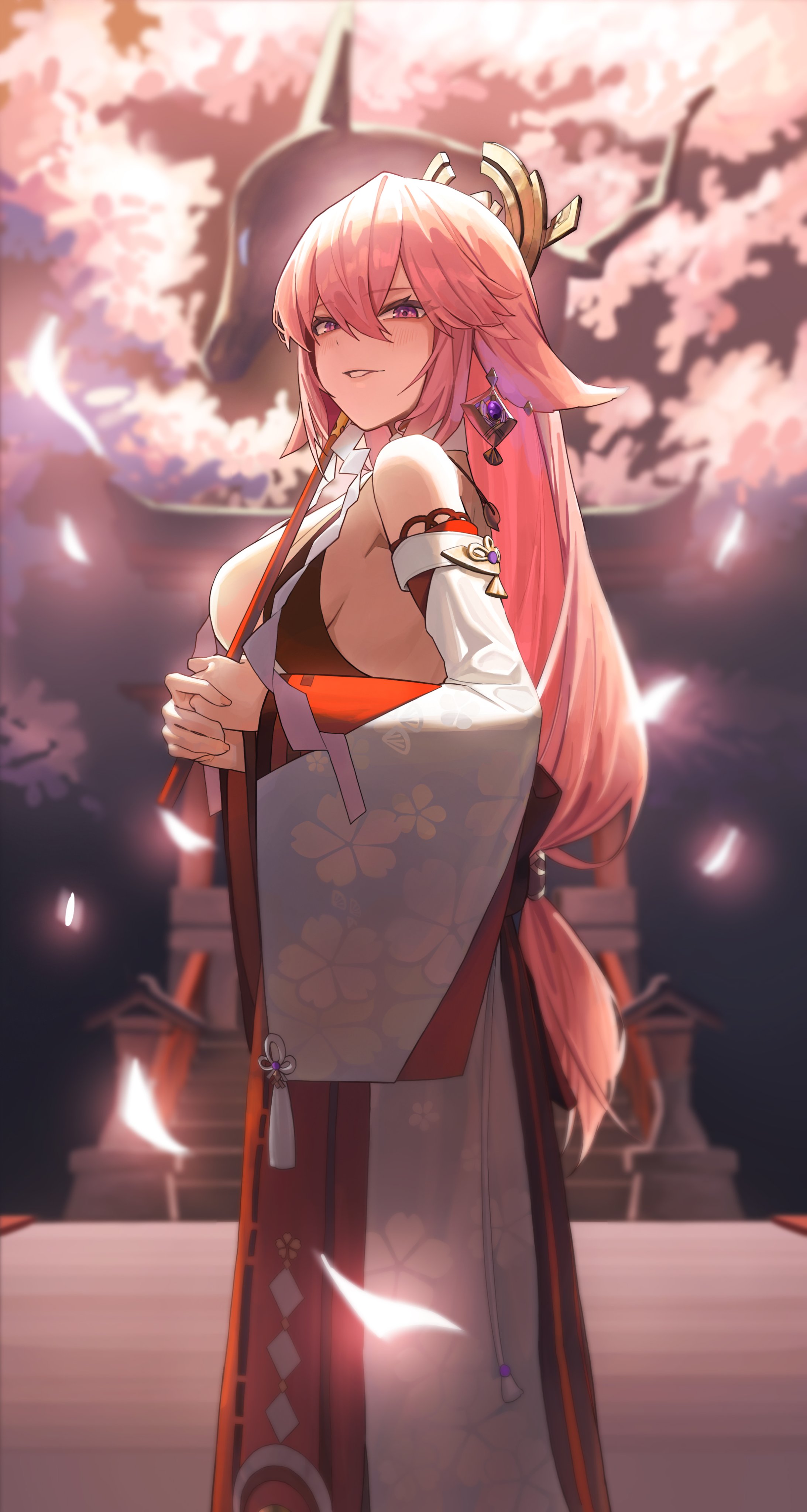 ske4682, yae miko, genshin impact, absurdres, highres, 1girl, animal ears, bare shoulders, breasts, detached sleeves, earrings, fox ears, fox girl, head ornament, jewelry, long hair, looking at viewer, nontraditional miko, pink hair, purple eyes, sideboob, smile, solo