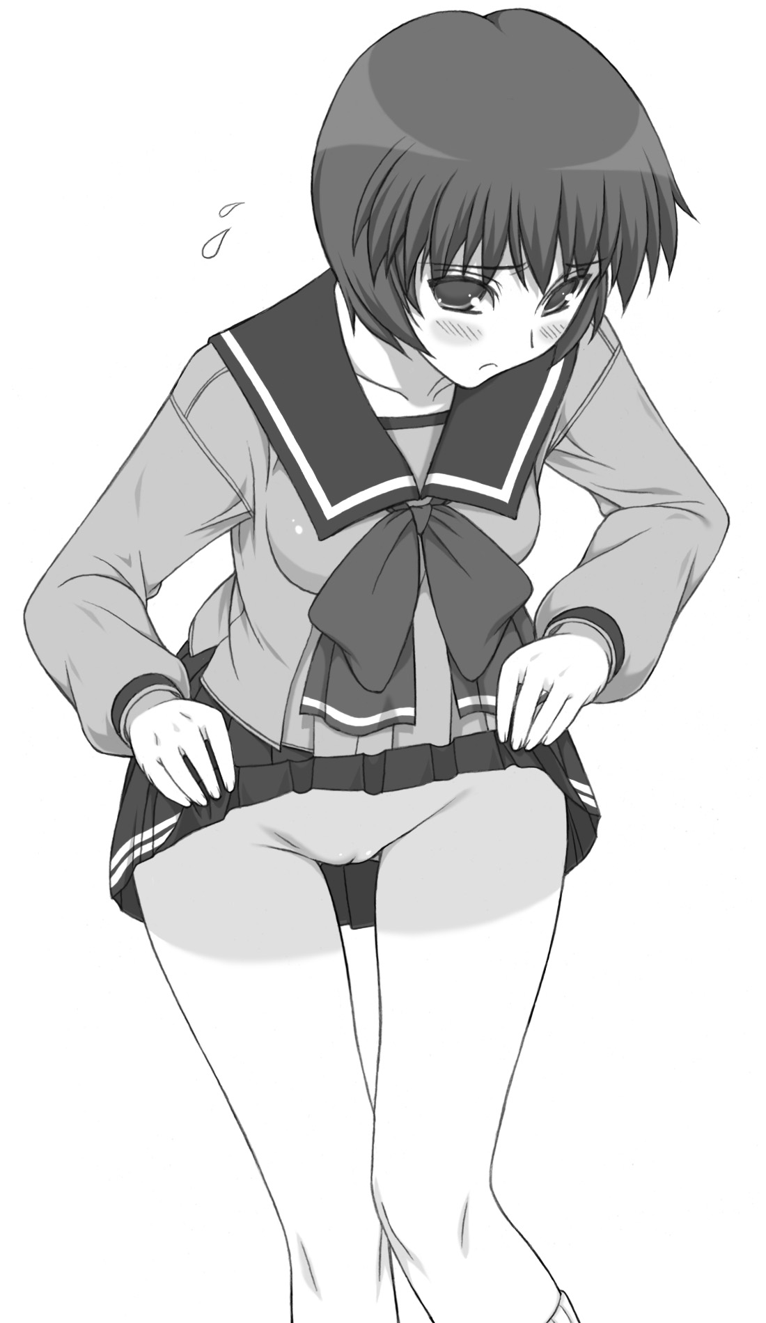shichimenchou, nagaoka shiho, to heart, to heart (series), highres, 1girl, blush, clothes lift, female focus, greyscale, looking at viewer, monochrome, no panties, pussy, school uniform, serafuku, short hair, simple background, skirt, skirt lift, solo, uncensored, white background