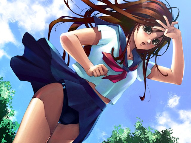 redrop, original, bad id, bad pixiv id, brown eyes, brown hair, panties, school uniform, serafuku, solo, underwear