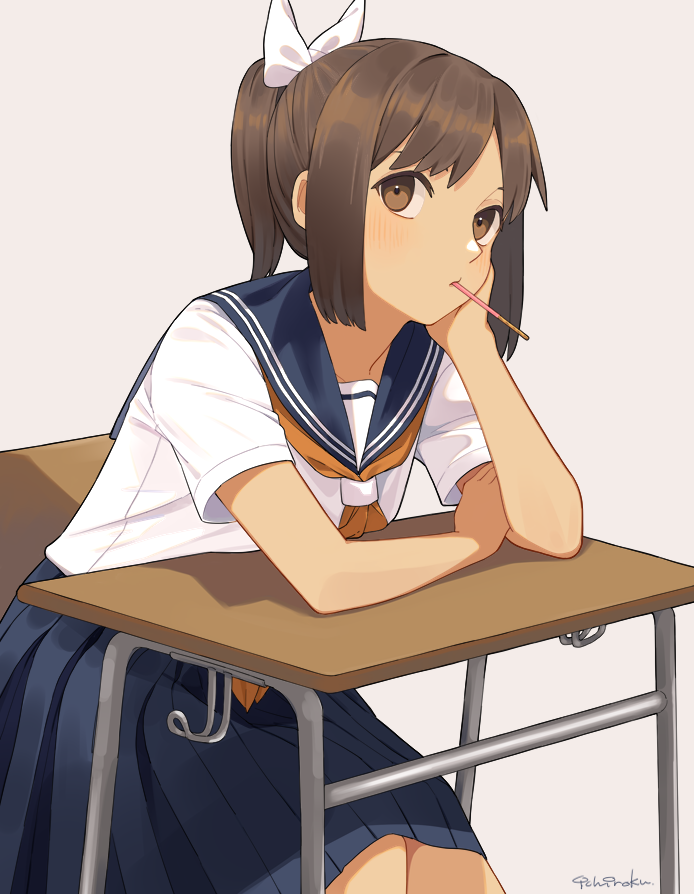 ichiroku (sakumogu-029), i-401 (kancolle), kantai collection, commentary request, 1girl, arm rest, blue sailor collar, blush, brown eyes, brown hair, chair, desk, elbow rest, food, food in mouth, grey background, hair ribbon, mouth hold, neckerchief, pleated skirt, pocky, pocky in mouth, ponytail, ribbon, sailor collar, school chair, school desk, school uniform, serafuku, short sleeves, signature, simple background, sitting, skirt, solo, white ribbon