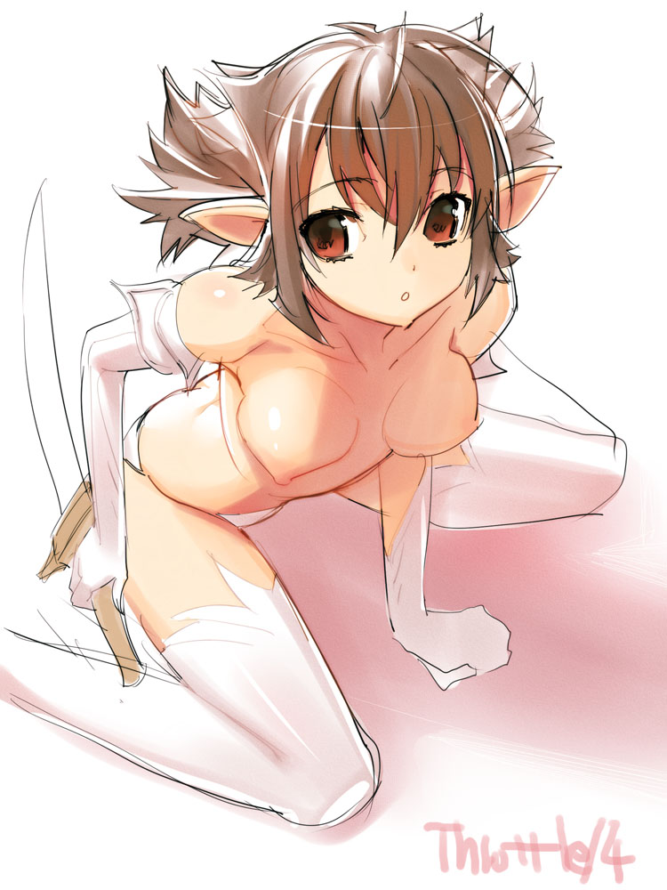 sanbasou, original, bad id, bad pixiv id, 1girl, breasts, brown eyes, brown hair, elbow gloves, elf, female focus, gloves, medium breasts, nipples, pointy ears, simple background, solo, sword, thighhighs, topless female, weapon, white thighhighs