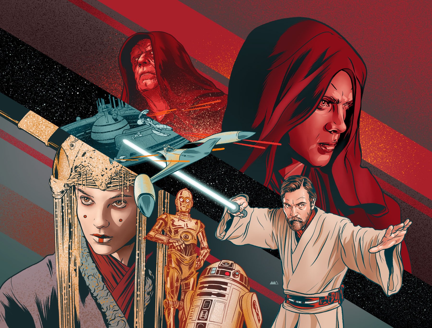 anakin skywalker, astromech droid, c-3po, obi-wan kenobi, palpatine, r2-d2, star wars, star wars: revenge of the sith, highres, 1girl, 3boys, beard, blonde hair, blue lightsaber, energy sword, facepaint, facial hair, holding, holding sword, holding weapon, hood, lightsaber, martin ansin, multiple boys, protocol droid, robot, short hair, spacecraft, sword, tunic, weapon, white tunic
