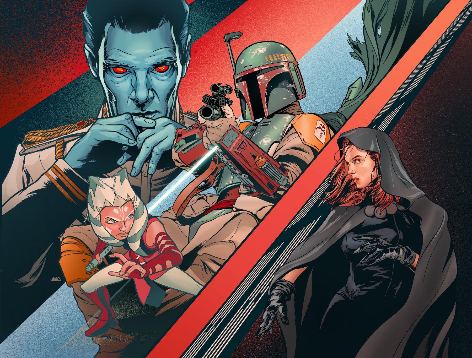 ahsoka tano, boba fett, chiss, grand admiral thrawn, mara jade, togruta, star wars, highres, 2boys, 2girls, alien, black bodysuit, black cloak, black gloves, black hood, blue lightsaber, blue skin, bodysuit, cloak, colored skin, energy sword, gloves, gun, holding, holding gun, holding sword, holding weapon, hood, hooded cloak, lightsaber, long hair, mandalorian, mandalorian armor, mandalorian helmet, martin ansin, multiple boys, multiple girls, orange eyes, red eyes, reverse grip, sword, weapon