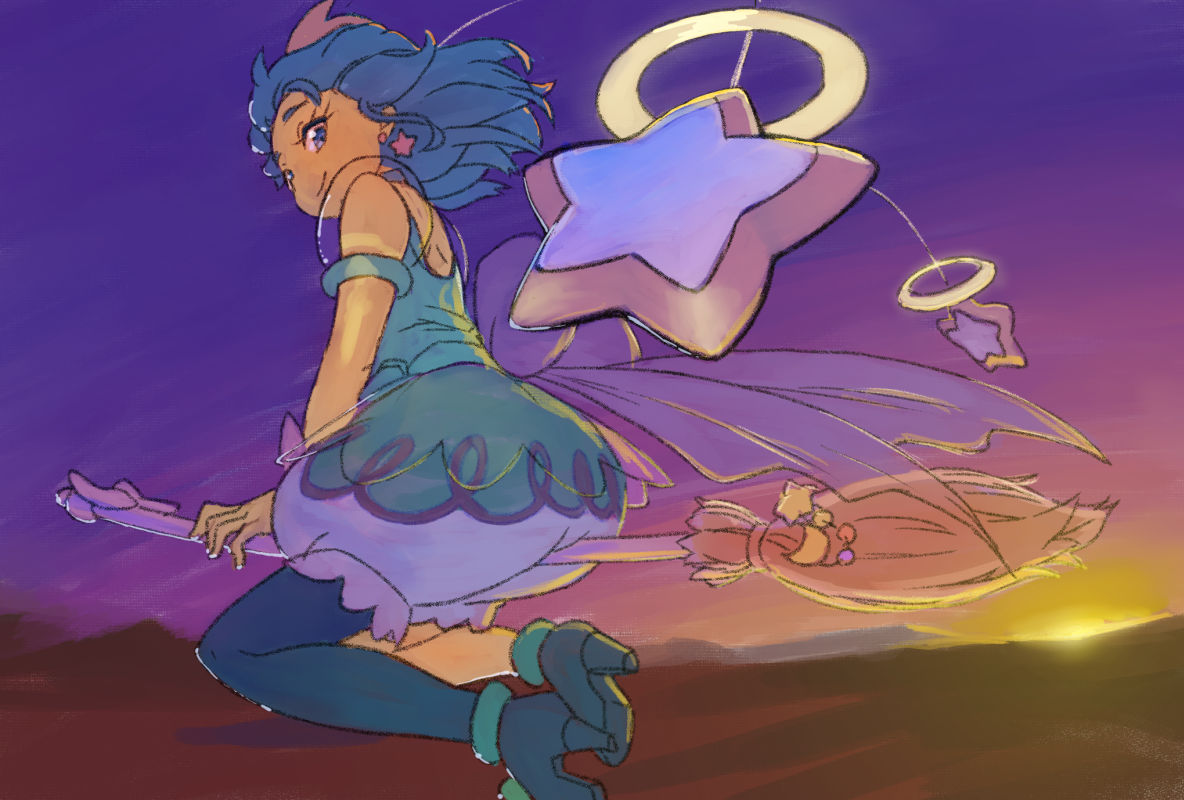 ei (eikun), cure milky, hagoromo lala, mahou girls precure!, precure, star twinkle precure, 1girl, aqua boots, aqua eyes, aqua hair, aqua pantyhose, boots, broom, broom riding, earrings, hair ornament, hairband, high heel boots, high heels, jewelry, looking at viewer, mountainous horizon, pantyhose, puffy short sleeves, puffy shorts, puffy sleeves, see-through clothes, see-through sleeves, short hair, short sleeves, shorts, single leg pantyhose, smile, solo, star (symbol), star earrings, star hair ornament, sunset, yellow hairband