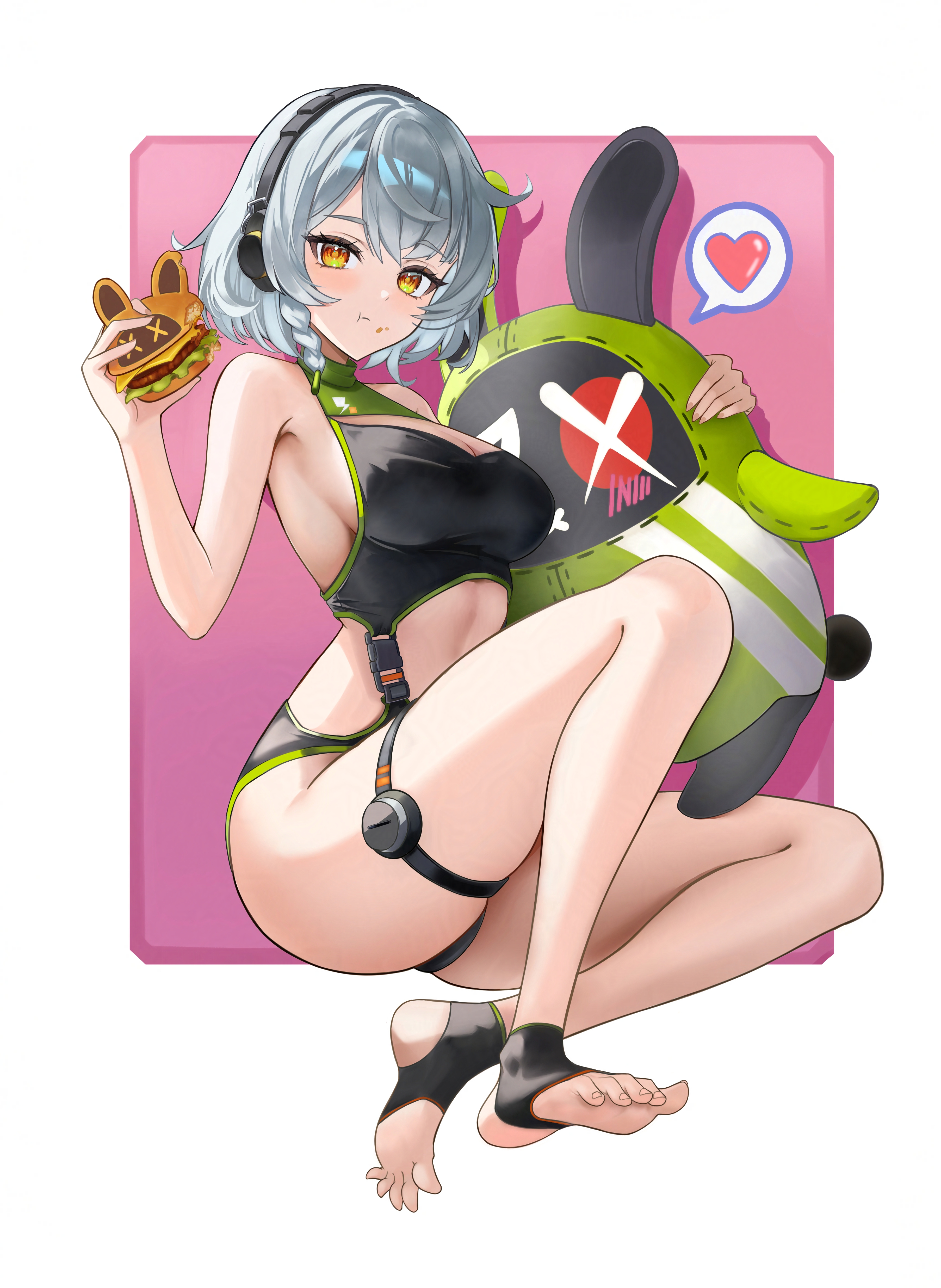 jyn jyn, amillion (zenless zone zero), anby demara, bangboo (zenless zone zero), zenless zone zero, absurdres, commentary, highres, 1girl, alternate costume, black one-piece swimsuit, border, breasts, burger, clothing cutout, food, food in mouth, grey hair, headphones, heart, holding, holding burger, holding food, large breasts, one-piece swimsuit, orange eyes, pink background, short hair, solo, spoken heart, stirrup footwear, stomach cutout, swimsuit, toes, white border