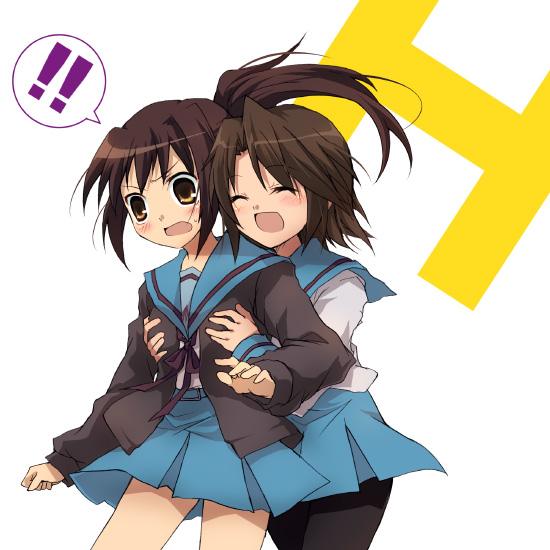 suzushiro kurumi, koizumi itsuki, koizumi itsuki (female), kyon, kyonko, suzumiya haruhi no yuuutsu, 00s, 2girls, breasts, cardigan, from behind, genderswap, genderswap (mtf), grabbing another's breast, groping, medium breasts, multiple girls, pantyhose, ponytail, school uniform, serafuku