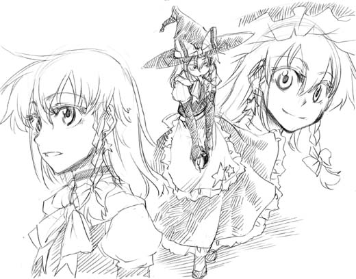 hikawa shou, filly erhard, kirisame marisa, touhou, 1girl, ahoge, bow, bowtie, braid, closed mouth, dress, female focus, greyscale, hair bow, hat, long hair, monochrome, simple background, single braid, sketch, standing, upper body, white background, witch hat