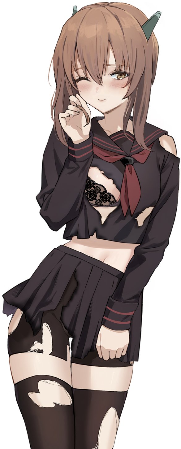neju, taihou (kancolle), kantai collection, commission, highres, skeb commission, 1girl, alternate costume, bike shorts, bike shorts under skirt, black bra, black sailor collar, black skirt, black thighhighs, blush, bra, breasts, brown eyes, brown hair, hair between eyes, headgear, long sleeves, looking at viewer, midriff, navel, neckerchief, one eye closed, pleated skirt, red neckerchief, sailor collar, school uniform, serafuku, shirt, simple background, skirt, small breasts, solo, thighhighs, torn clothes, torn shirt, torn skirt, torn thighhighs, underwear, white background