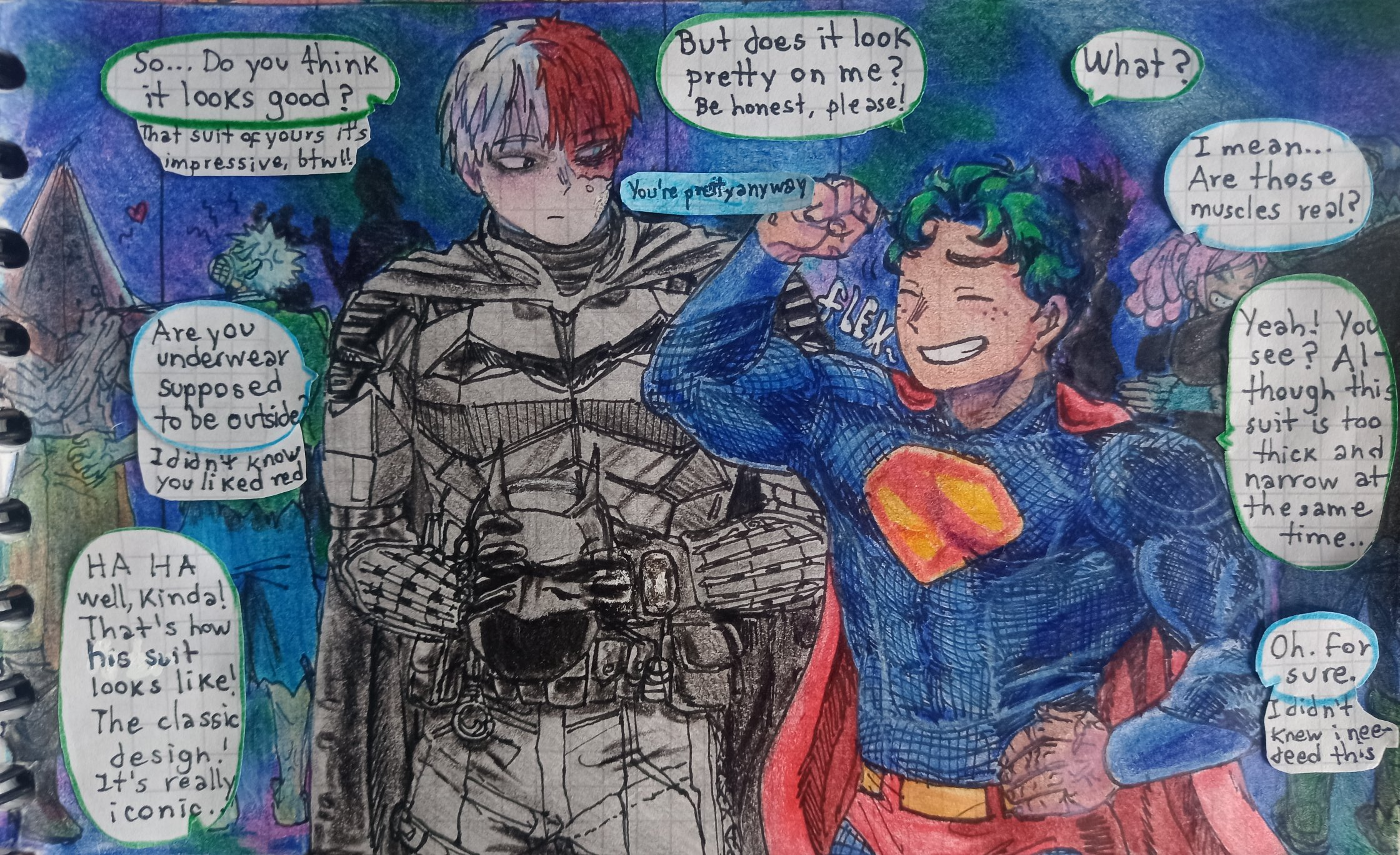 batman, midoriya izuku, superman, todoroki shoto, batman (series), boku no hero academia, bones (company), dc comics, shounen jump, superman (2025), superman (series), the batman (2022), warner bros., traditional media, armor, batman (cosplay), cape, cosplay, freckles, green hair, kiwipinianiu, mask, multicolored hair, party, red hair, scar, smile, superhero costume, superman (cosplay), tododeku, two-tone hair, white hair