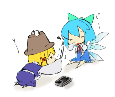 luft (luft dokka), cirno, moriya suwako, touhou, lowres, 2girls, chibi, female focus, hat, multiple girls, prank, sitting, sleeping, snot