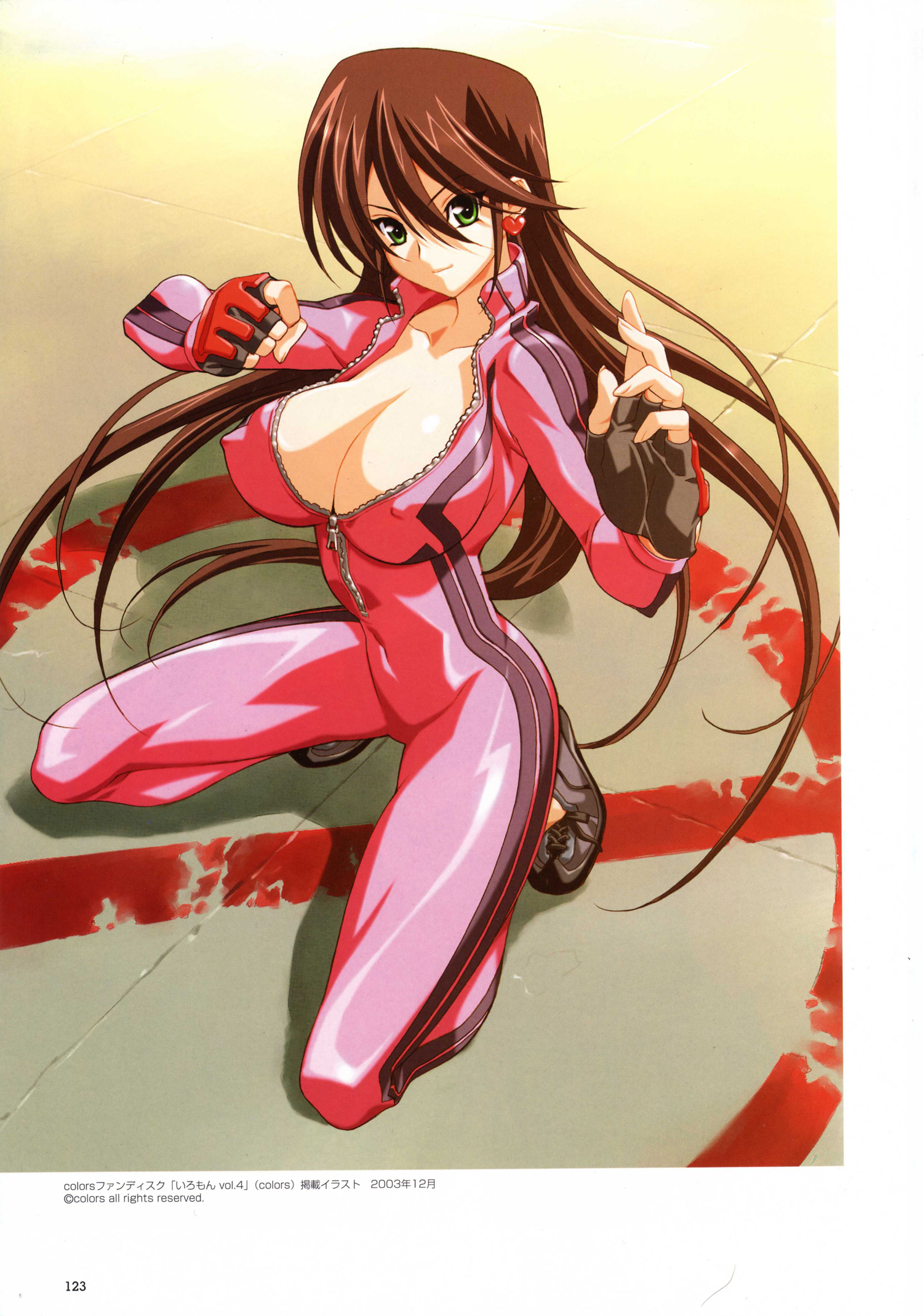 happoubi jin, tennouji hitomi, sweet body, tokumei kyoushi hitomi, striped, artbook, highres, scan, 00s, 1girl, 2003, biker clothes, bikesuit, blood, bodysuit, breasts, brown hair, cleavage, clenched hand, collarbone, covered erect nipples, double vertical stripe, earrings, female focus, fighting stance, fingerless gloves, fingernails, gloves, green eyes, heart, heart earrings, huge breasts, jewelry, kneeling, large breasts, latex, long fingernails, long hair, looking at viewer, navel, open clothes, shadow, shiny clothes, shoes, skin tight, smile, sneakers, solo, spandex, spread legs, squatting, tiptoes, unzipped, very long hair, zipper