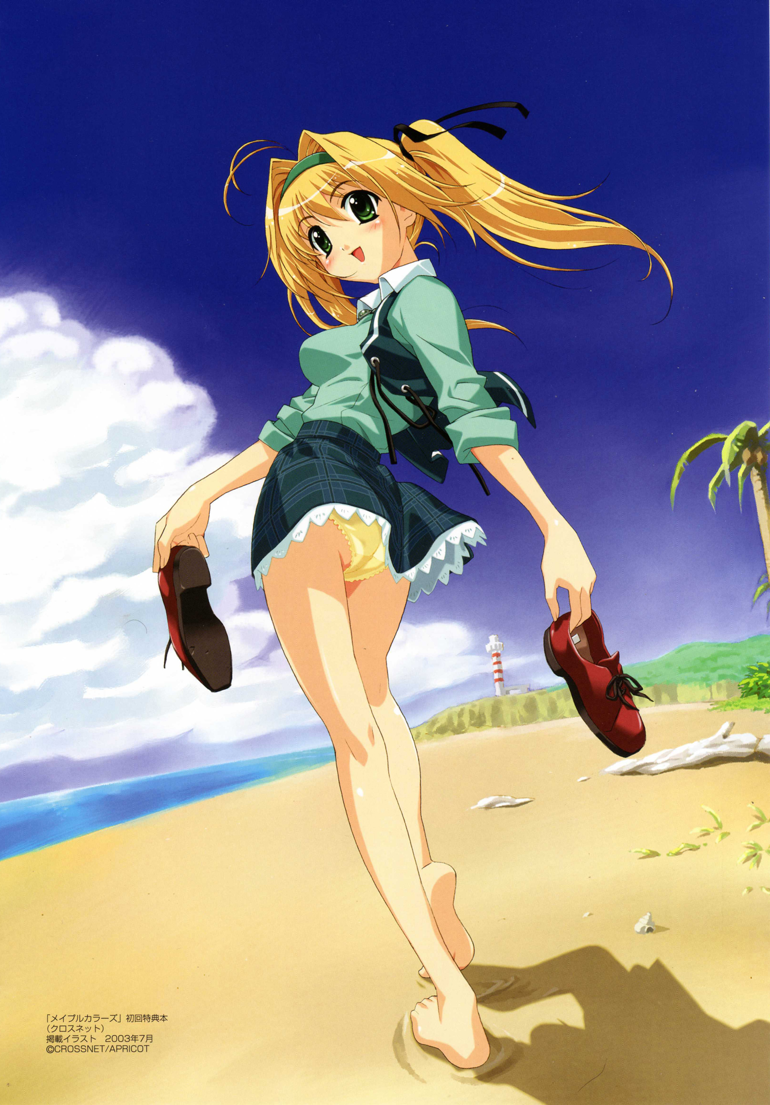 happoubi jin, aoi mirai, maple colors, untied, highres, scan, 00s, 1girl, :d, antenna hair, ass, barefoot, beach, blonde hair, blush, brooch, bush, cliff, cloud, day, dual wielding, dutch angle, feet, female focus, floating hair, footprints, from below, green eyes, hair intakes, hairband, holding, holding shoes, holding unworn clothes, jewelry, kneepits, lace, lace-trimmed panties, lace-trimmed skirt, lace trim, legs, lighthouse, loafers, long hair, looking at viewer, looking back, miniskirt, ocean, open mouth, outdoors, palm tree, panties, pantyshot, plaid clothes, plaid skirt, school uniform, seashell, shadow, shell, shirt, shoes, skirt, sky, sleeves rolled up, smile, soles, solo, standing, tiptoes, tree, twintails, underwear, unworn shoes, upskirt, vest, water, yellow panties