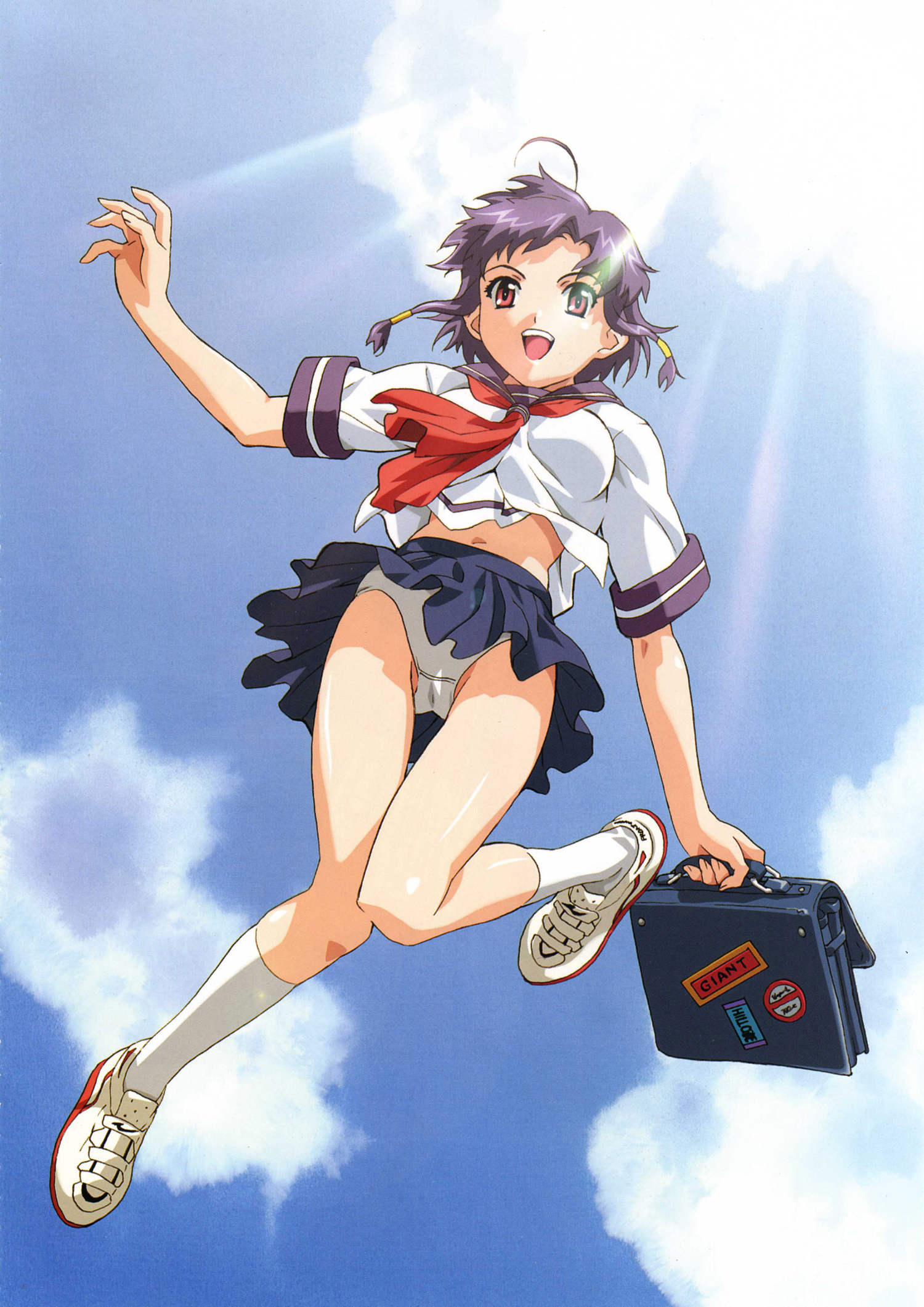 happoubi jin, ishibashi tsubame, separate blue, highres, official art, scan, 1girl, :d, ahoge, bag, clothes lift, cloud, day, female focus, hair tubes, holding, jumping, kneehighs, knees together feet apart, leg lift, legs, light rays, midriff, miniskirt, navel, necktie, open mouth, outdoors, outstretched arm, panties, pantyshot, parted bangs, pink eyes, pleated skirt, purple hair, red eyes, school bag, school uniform, serafuku, shirt lift, shoes, short hair, sidelocks, skirt, skirt lift, sky, smile, sneakers, socks, solo, sticker, sunbeam, sunlight, underwear, upskirt, white socks, wind, wind lift