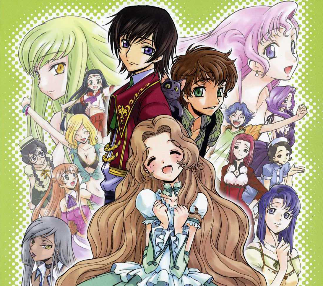 kimura takahiro, ookouchi ricca, arthur (code geass), c.c., cecile croomy, cornelia li britannia, euphemia li britannia, kouzuki kallen, kururugi suzaku, lelouch vi britannia, milly ashford, nina einstein, nunnally vi britannia, rivalz cardemonde, shinozaki sayoko, shirley fenette, sumeragi kaguya, villetta nu, code geass, jpeg artifacts, 00s, 6+girls, alternate costume, bikini, black hair, blue hair, blush, braid, breasts, brown hair, cat, cleavage, cousins, dark skin, dress, green hair, grey hair, hat, long hair, midriff peek, multiple girls, pink hair, purple hair, school uniform, serafuku, short hair, swimsuit, twin braids, very long hair