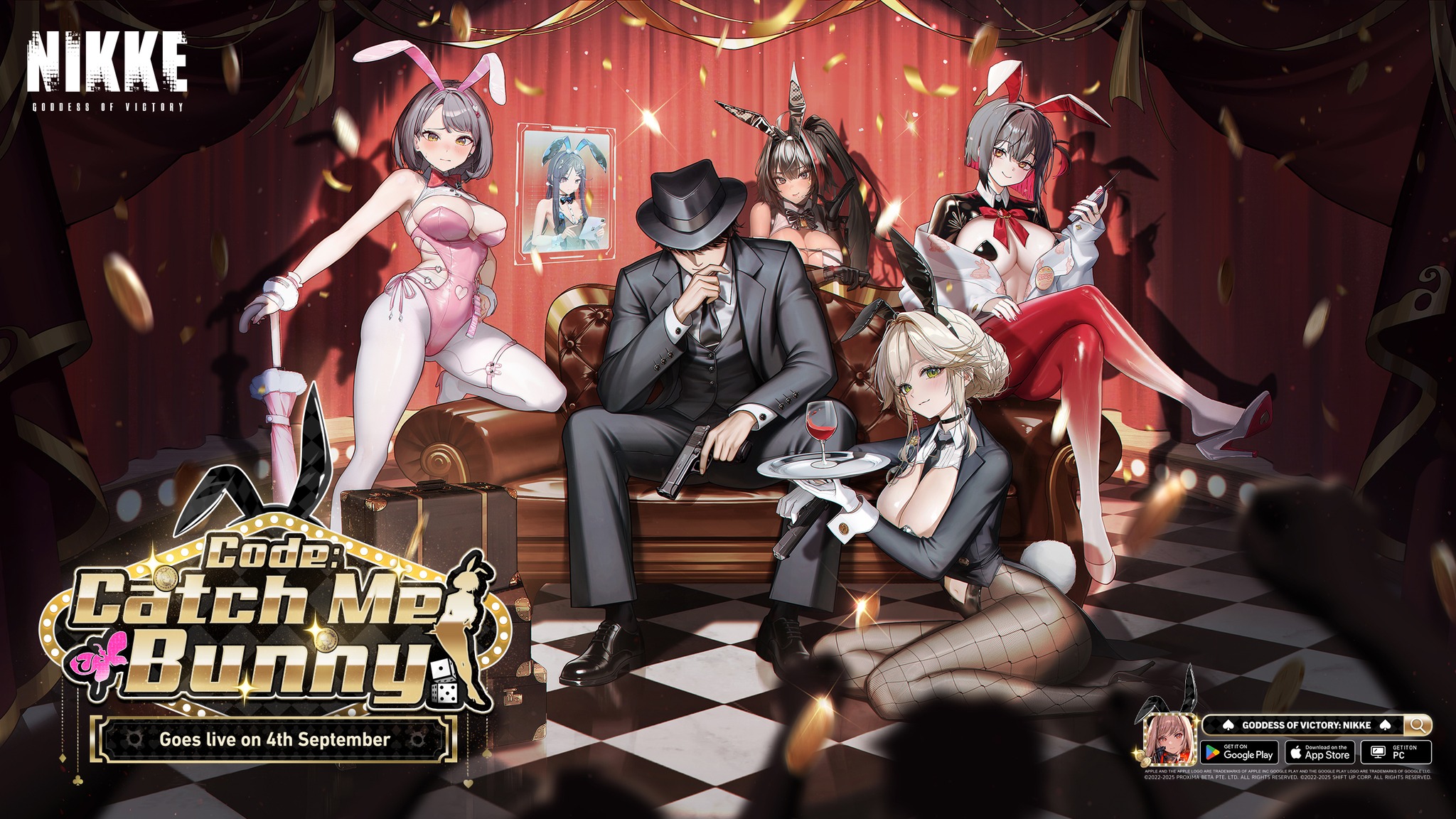 ade (agent bunny) (nikke), ade (nikke), bay (nikke), bay (radiant rabbit) (nikke), commander (nikke), exia (hacker rabbit) (nikke), exia (nikke), milk (blooming bunny) (nikke), milk (nikke), rouge (nikke), rouge (unlucky rabbit) (nikke), goddess of victory: nikke, highres, official art, animal ears, fake animal ears, frontless outfit, latex, latex legwear, leotard, playboy bunny, rabbit ears, rabbit tail, reverse bunnysuit, reverse outfit, tail