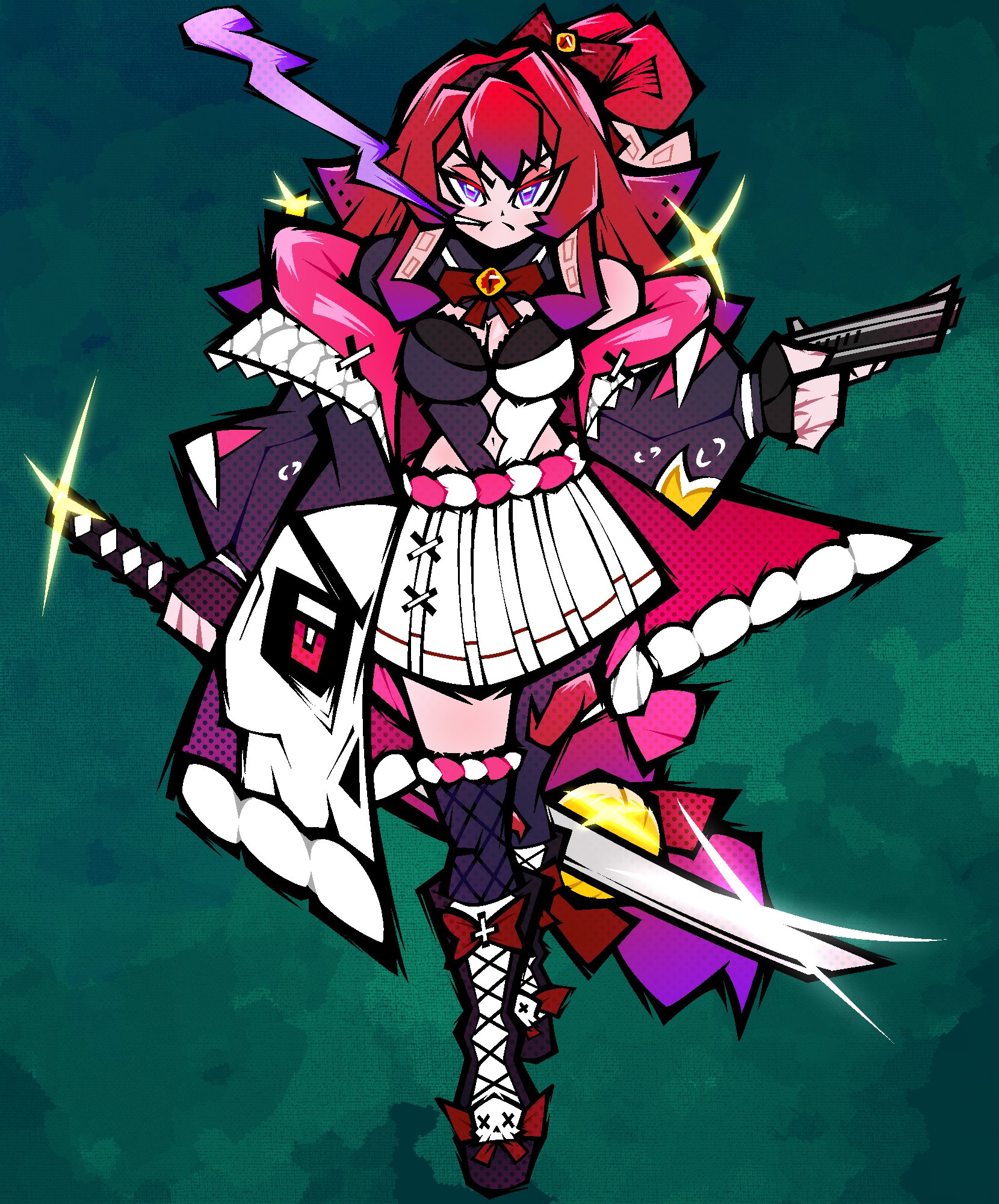 indie virtual youtuber, highres, 1cicfish, 1girl, bare shoulders, bell, berrycrepe, black gloves, black sailor collar, boots, bow, breasts, cigarette, clothing cutout, coat, cross ornament, fingerless gloves, footwear bow, full body, glint, gloves, gun, hair bell, hair bow, hair ornament, handgun, holding, holding gun, holding sword, holding weapon, katana, long hair, pantyhose, platform boots, purple eyes, red bow, red hair, rope, sailor collar, shimenawa, sidelocks, skull ornament, skull print, smoke, smoking, suction cups, sword, tentacle hair, tentacles, very long hair, virtual youtuber, weapon, x ornament