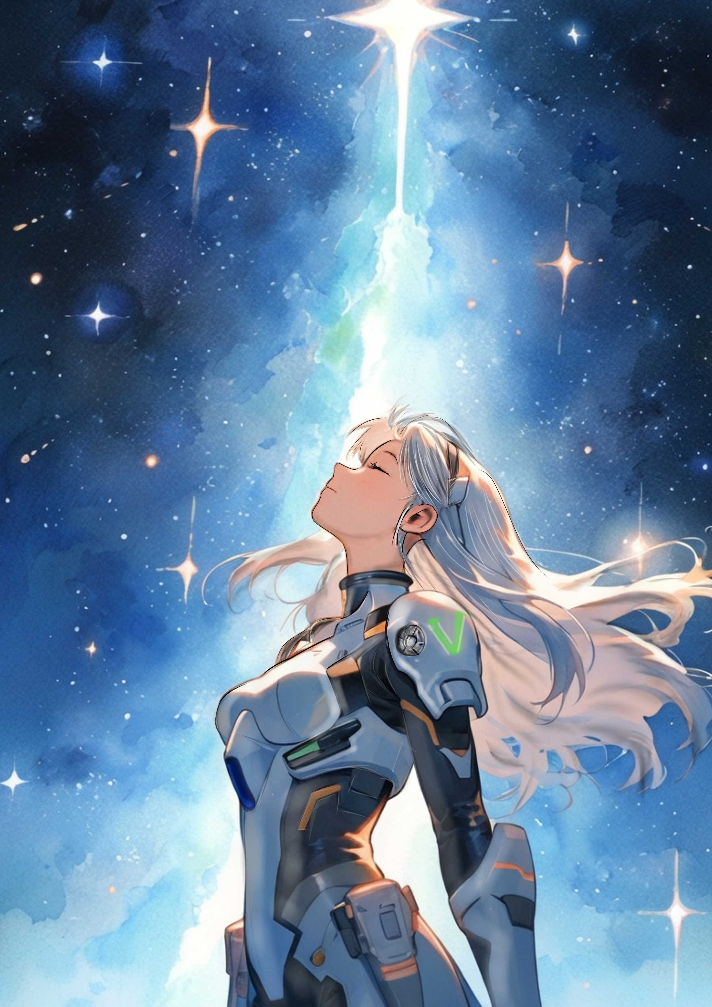 product 08 (nikke), goddess of victory: nikke, absurdres, highres, 1girl, armor, armor strap, armored bodysuit, black bodysuit, bodysuit, breasts, closed eyes, closed mouth, long hair, milky way, night, night sky, nikke2 (7834), shooting star, shoulder armor, sky, solo, space, star (sky), starry sky, white hair