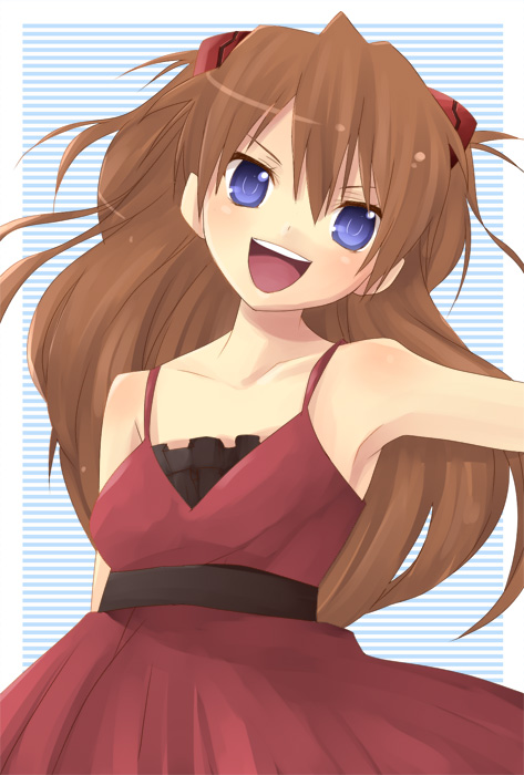 hijiki (hijikini), hijikini, souryuu asuka langley, neon genesis evangelion, 1girl, blue eyes, brown hair, dress, female focus, frills, looking at viewer, red dress, smile, solo, striped background, teeth, tongue