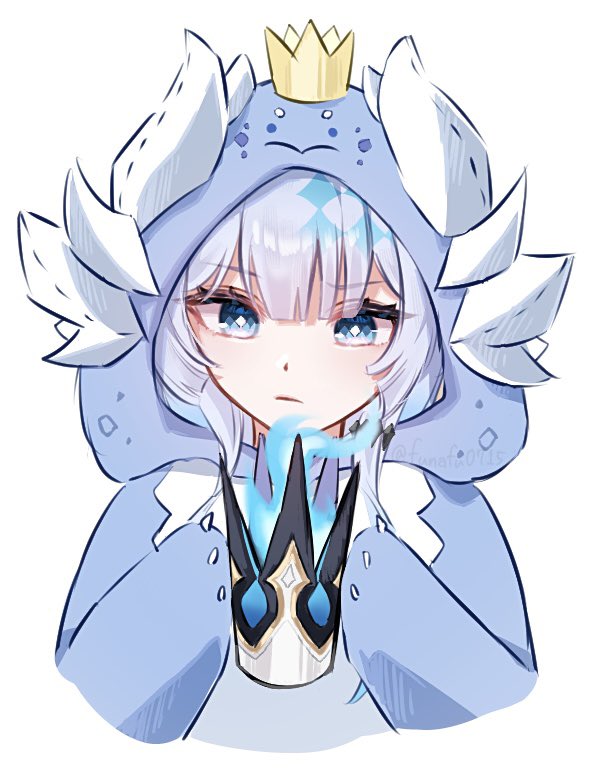funafu, cerydra (honkai: star rail), honkai: star rail, honkai (series), animal hood, blue eyes, blue fire, blue hoodie, crown, fire, grey hair, holding, holding crown, hood, hoodie, mini crown, simple background, upper body, white background