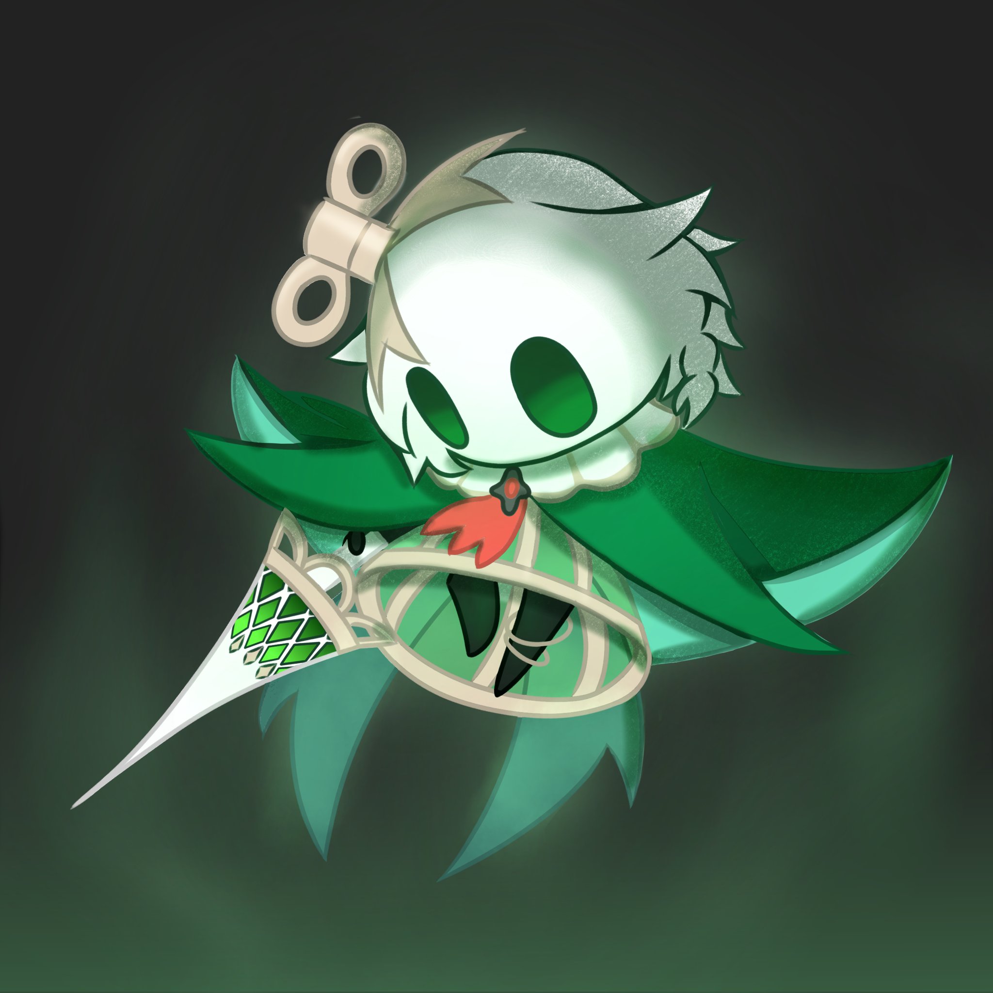 cecilia immergreen, knight (hollow knight), hollow knight, hololive, hololive english, highres, 1girl, braid, cloak, cosplay, green cloak, holding, holding weapon, knight (hollow knight) (cosplay), nail (hollow knight), short hair, simple background, solo, weapon, white hair, winding key, yibai002