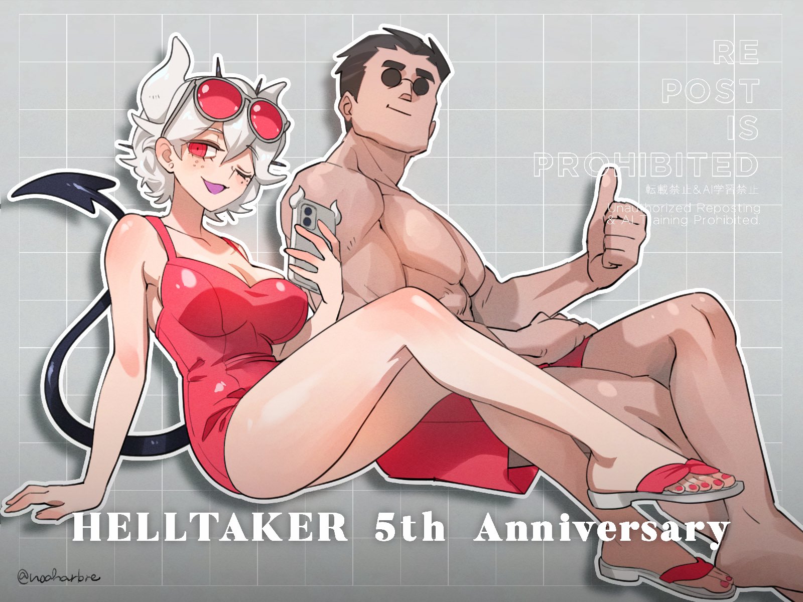 noah (tettsui-sole), helltaker (character), malina (helltaker), helltaker, highres, 1boy, 1girl, anniversary, breasts, demon girl, demon tail, eyewear on head, grey background, large breasts, legs, looking at viewer, one-piece swimsuit, red-tinted eyewear, red one-piece swimsuit, sandals, short hair, sunglasses, swimsuit, tail, tinted eyewear, toes, twitter username, white hair