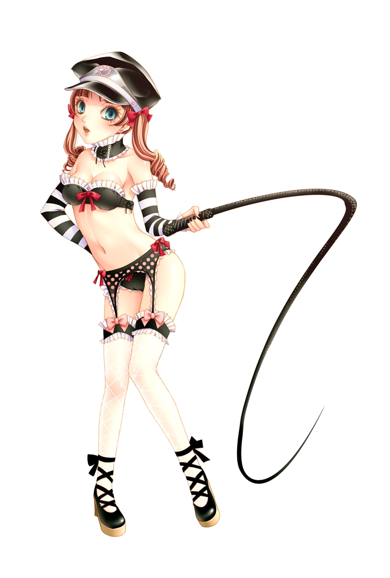 momoi komomo, original, bad id, bad pixiv id, 1girl, black hat, black panties, blue eyes, bra, breasts, brown hair, choker, cleavage, female focus, fishnet thighhighs, fishnets, full body, garter belt, hat, knees together feet apart, lingerie, long hair, panties, simple background, solo, thighhighs, twintails, underwear, underwear only, whip, white background, white thighhighs