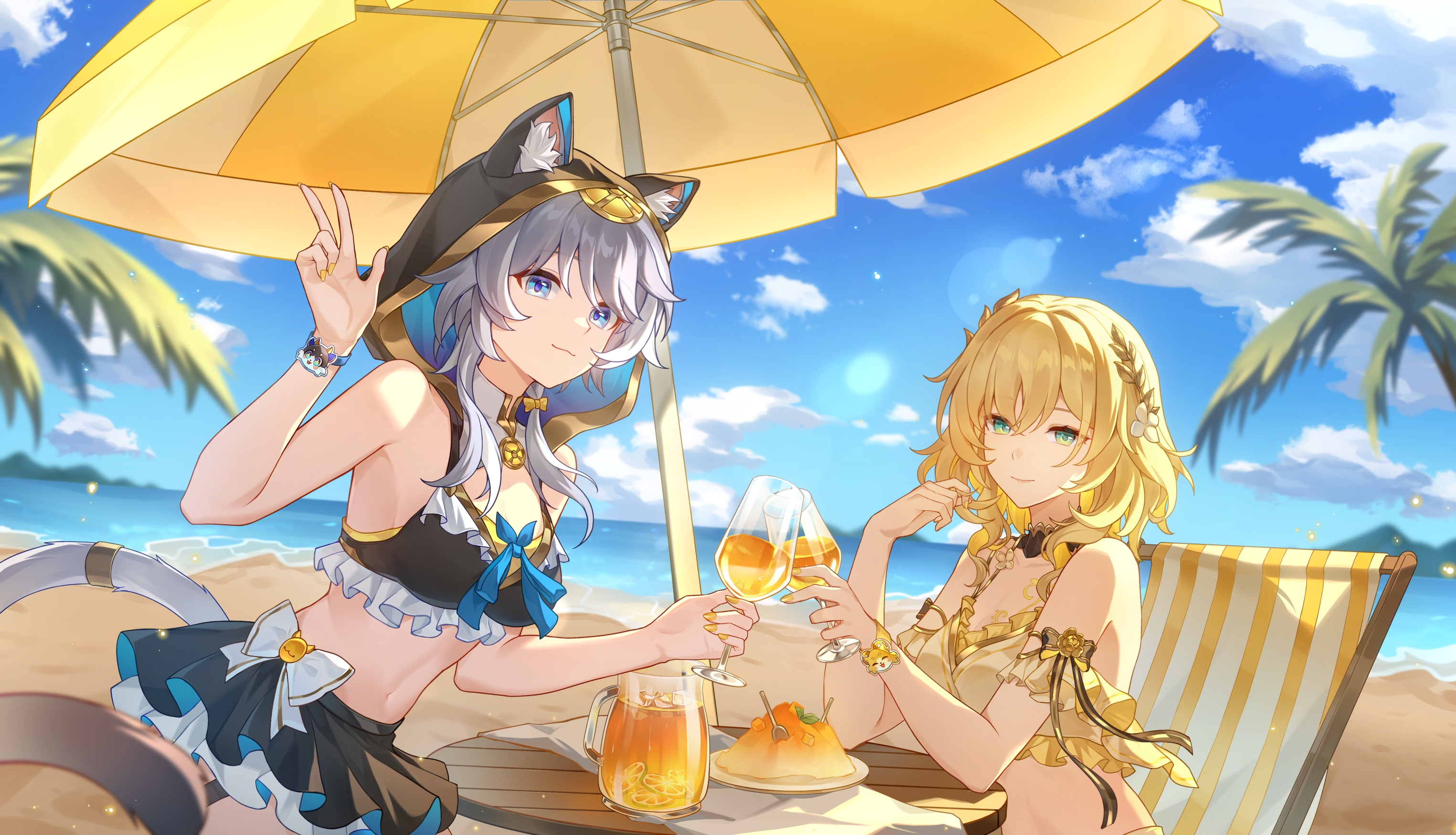 feiqiyibu, aglaea (honkai: star rail), cipher (honkai: star rail), honkai: star rail, honkai (series), chinese commentary, commentary request, highres, 2girls, animal ear fluff, animal ears, animal hood, beach, beach chair, bikini, bikini skirt, black bikini, blonde hair, blue eyes, blue sky, blush stickers, breasts, cat ears, cat girl, cat hood, cat tail, cup, green eyes, grey hair, holding, holding cup, hood, large breasts, laurel crown, medium breasts, midriff, multiple girls, navel, ocean, outdoors, short hair, short hair with long locks, sky, smile, swimsuit, tail, tropical drink, w, yellow bikini