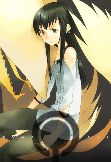 oka asaha, koga norio, narutaru, 1boy, black eyes, black hair, earrings, jewelry, male focus, solo, trap
