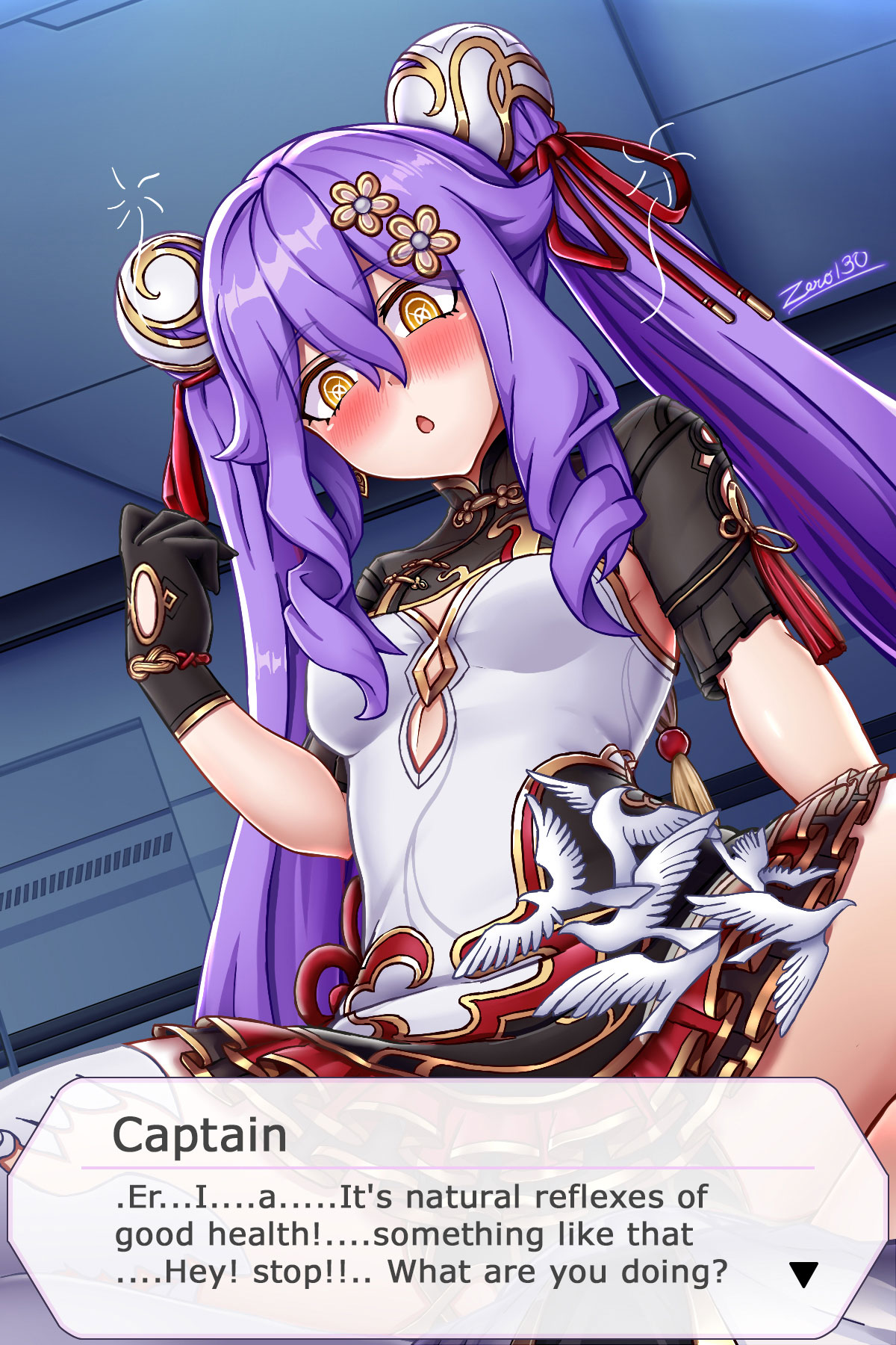 zero130rider, captain (honkai impact), sirin, sirin (miracle magical girl), sirin (soaring wings), honkai (series), honkai impact 3rd, commentary, english commentary, highres, 1boy, 1girl, breasts, chinese clothes, cowgirl position, dress, drunk, english text, hair bun, hetero, indoors, long hair, medium breasts, pov, purple hair, solo focus, straddling, twintails, very long hair, white dress