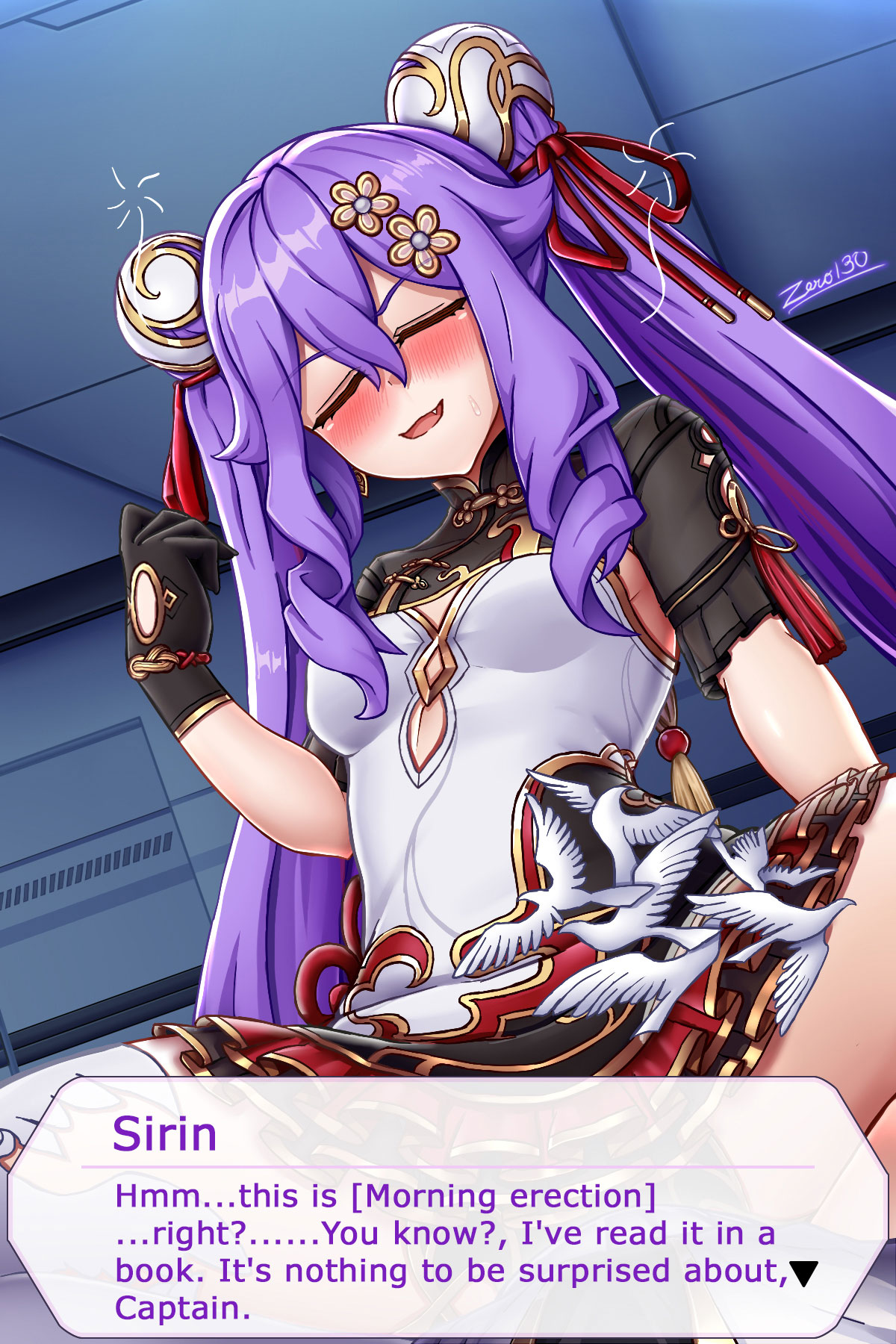 zero130rider, captain (honkai impact), sirin, sirin (miracle magical girl), sirin (soaring wings), honkai (series), honkai impact 3rd, commentary, english commentary, highres, 1boy, 1girl, breasts, chinese clothes, cowgirl position, dress, drunk, english text, hair bun, hetero, indoors, long hair, medium breasts, pov, purple hair, solo focus, straddling, twintails, very long hair, white dress